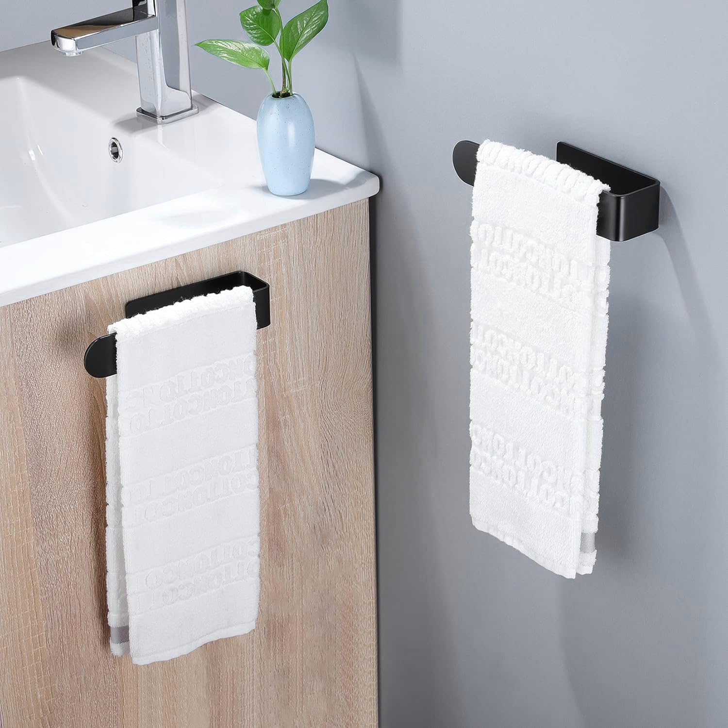 Taozun Black Self-Adhesive Stainless Steel Towel Holder Bar - 2 Pack Bathroom & Kitchen Towel Rack for Hand, Dish, and Tea Towels - Perfect for Small Spaces, Apartments, and RVs