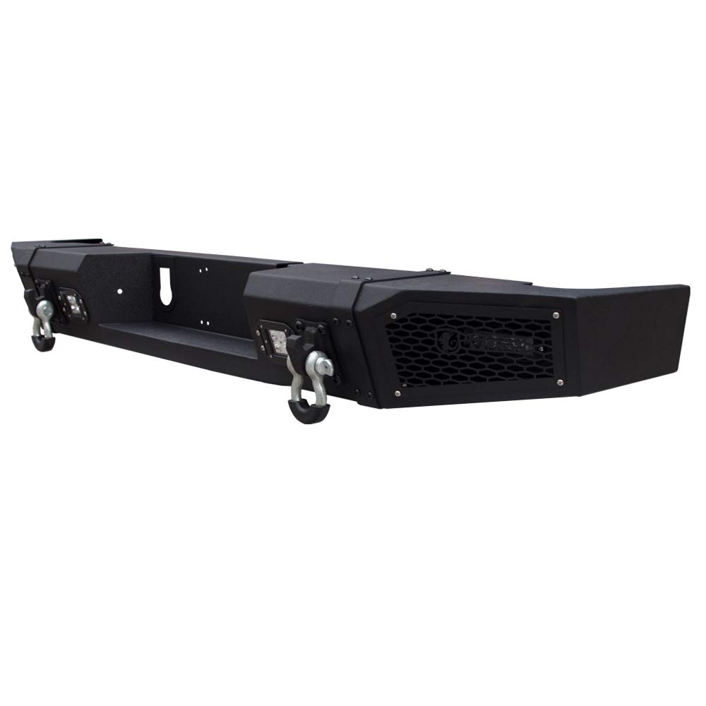 Black Textured Rear Bumper with 4 LED Lights & 2 D-Rings for 2010-2018 Dodge RAM 2500/3500 Trucks - Heavy Duty Protection & Off-Road Towing Accessory