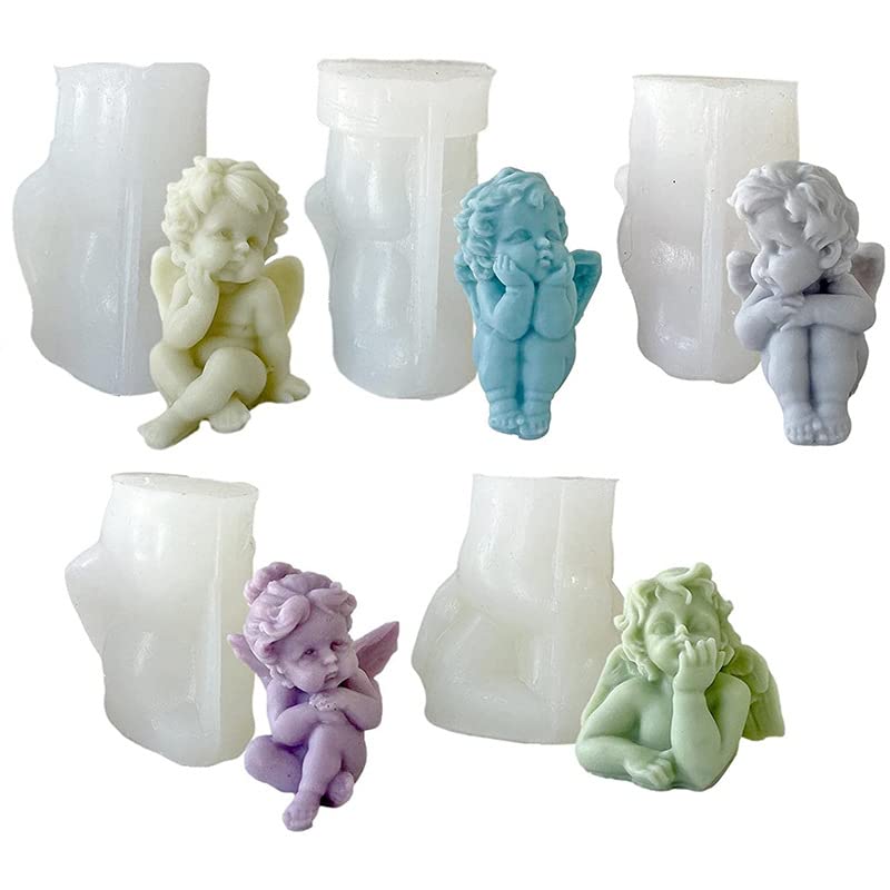 5Pcs 3D Angel Silicone Molds for Candle, Soap, Resin Art - Mini Cherub Molds for Chocolate, Candy, Cake Decor, Soy Wax, Polymer Clay & Plaster - Perfect for DIY Crafts, Home Decor & Gift Making