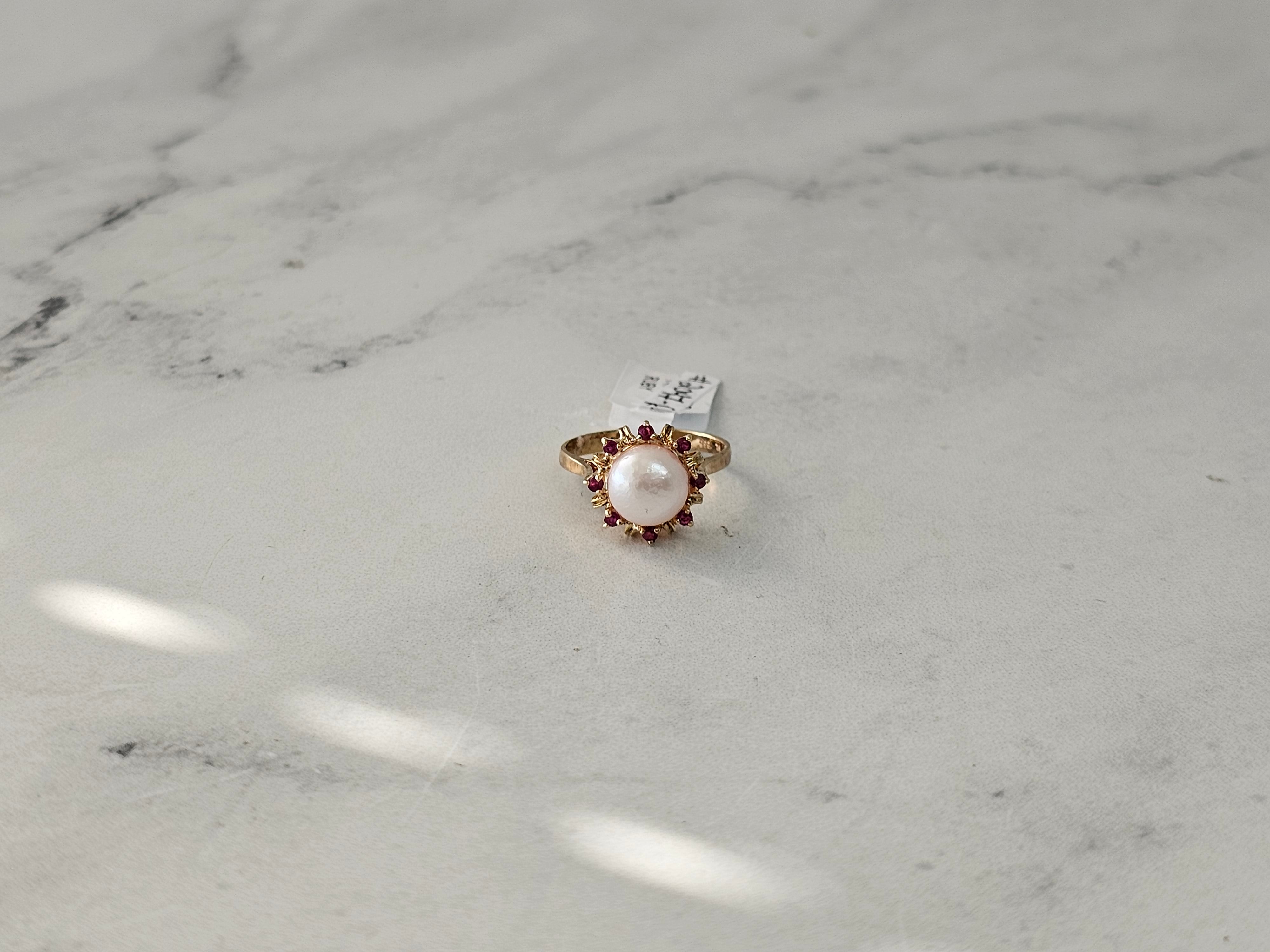 8MM Genuine Pearl Ring with Ruby Halo in 14k Yellow Gold - Elegant Bridal Jewelry & Anniversary Gift for Women