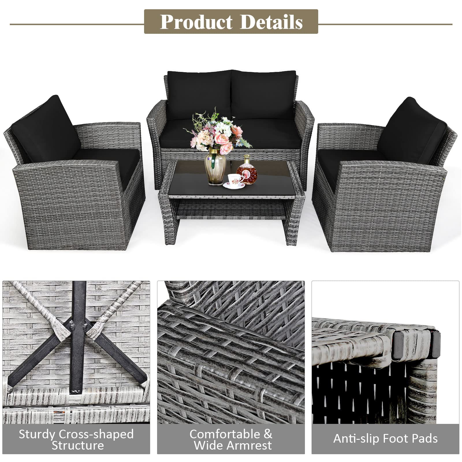 Tangkula 4-Piece All-Weather Outdoor Patio Furniture Set - Black Rattan Sectional Sofa with Cushions & Tempered Glass Table - Durable Wicker Conversation Set for Backyard, Garden, Poolside, Deck or Patio Relaxation