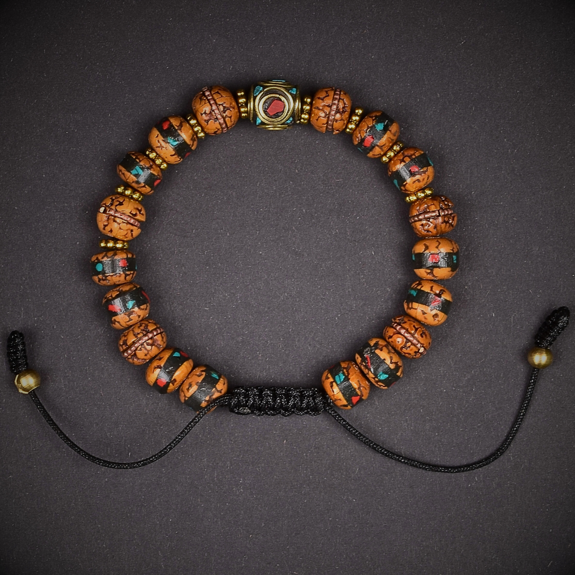 Rudraksha Bracelet with Turquoise & Coral Inlaid - Handmade Spiritual Mala Beads for Meditation, Yoga & Positive Energy - Perfect for Mindfulness Practice & Gift Giving