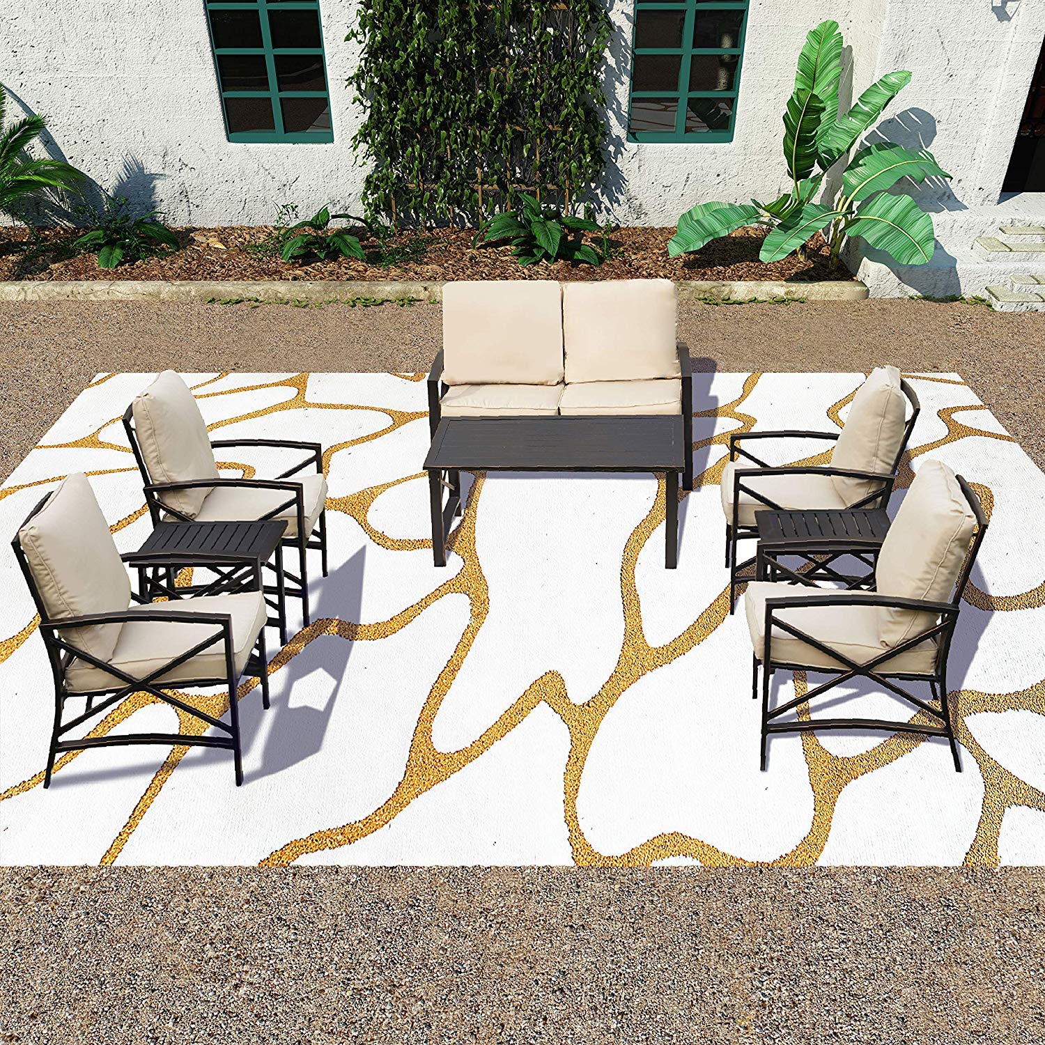 8-Piece Outdoor Patio Conversation Set with Loveseat, Cushioned Chairs, Coffee Table & Side Tables - Durable Metal Bistro Furniture for Garden, Backyard, Poolside & Terrace (Khaki)