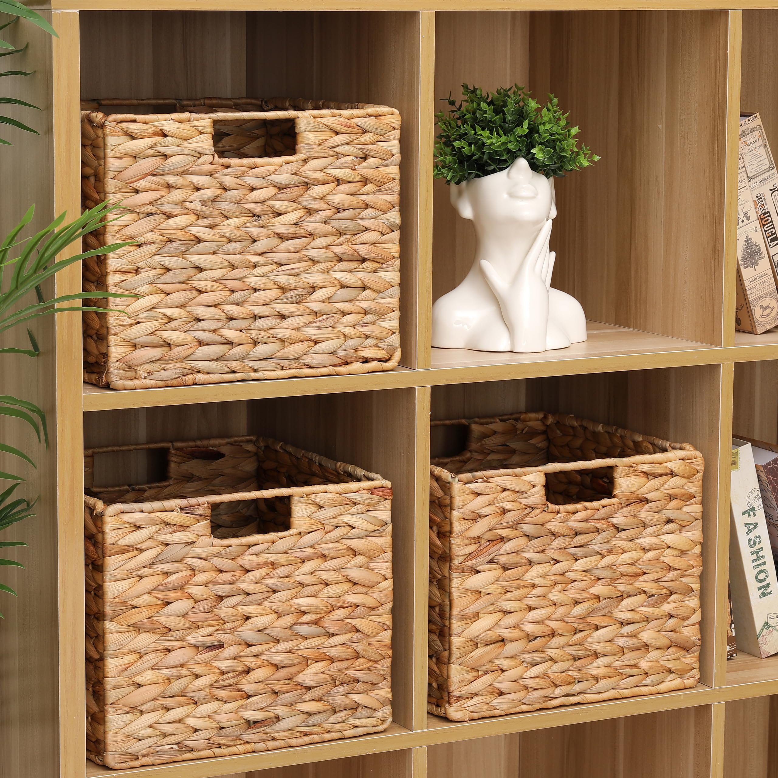 12x12x10 Inch Water Hyacinth Folding Storage Basket - Natural Wicker Cube Bin for Shelves, Pantry, Kitchen Organization | Perfect for Home Decor, Closet Storage & Bathroom Essentials