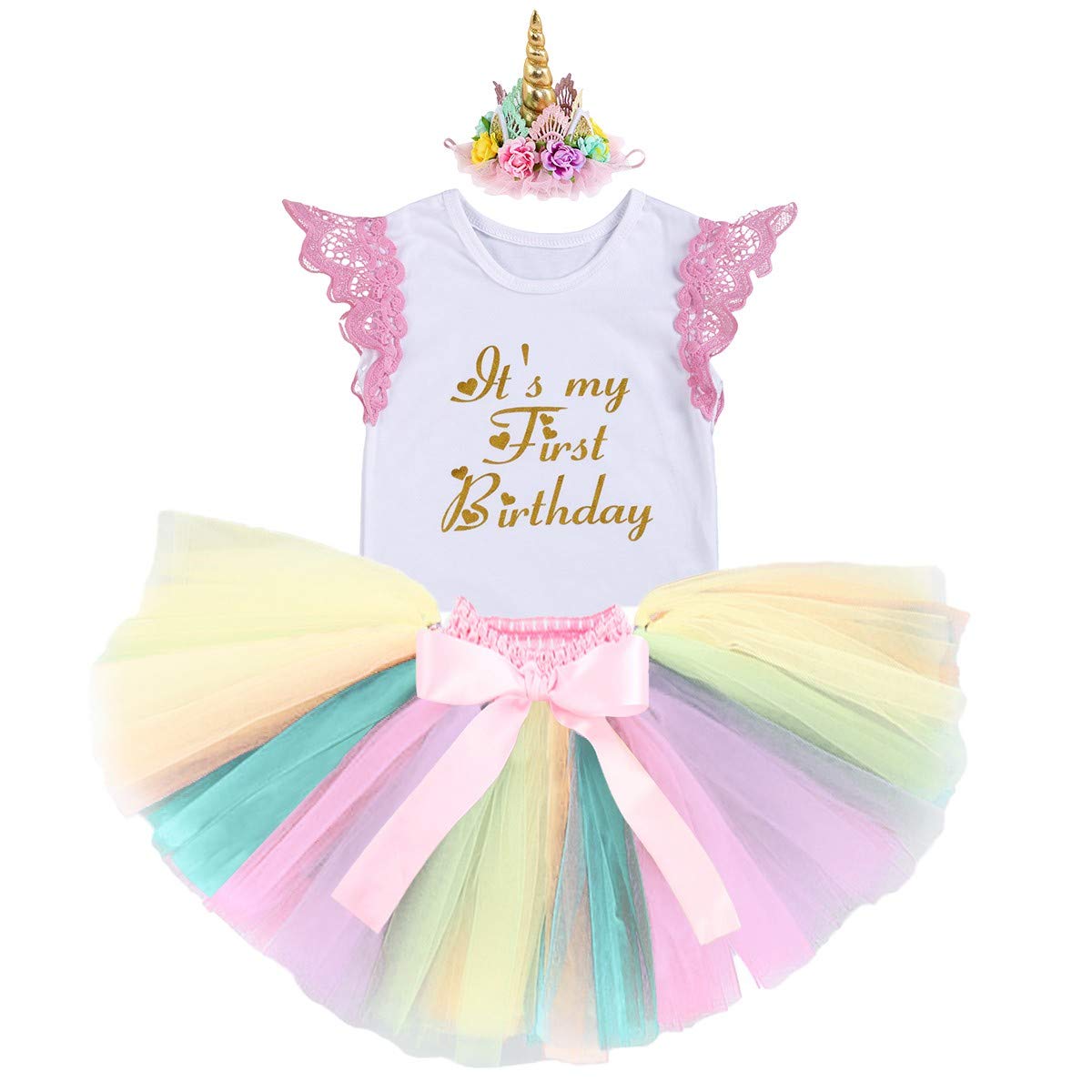HIHCBF Baby Girls Princess First Birthday Cake Smash Outfit - Unicorn Romper with Rainbow Tutu Skirt & Headband (Shoes Not Included) - Perfect for 1st Birthday Photos, Cake Smash Sessions & Princess-Themed Parties