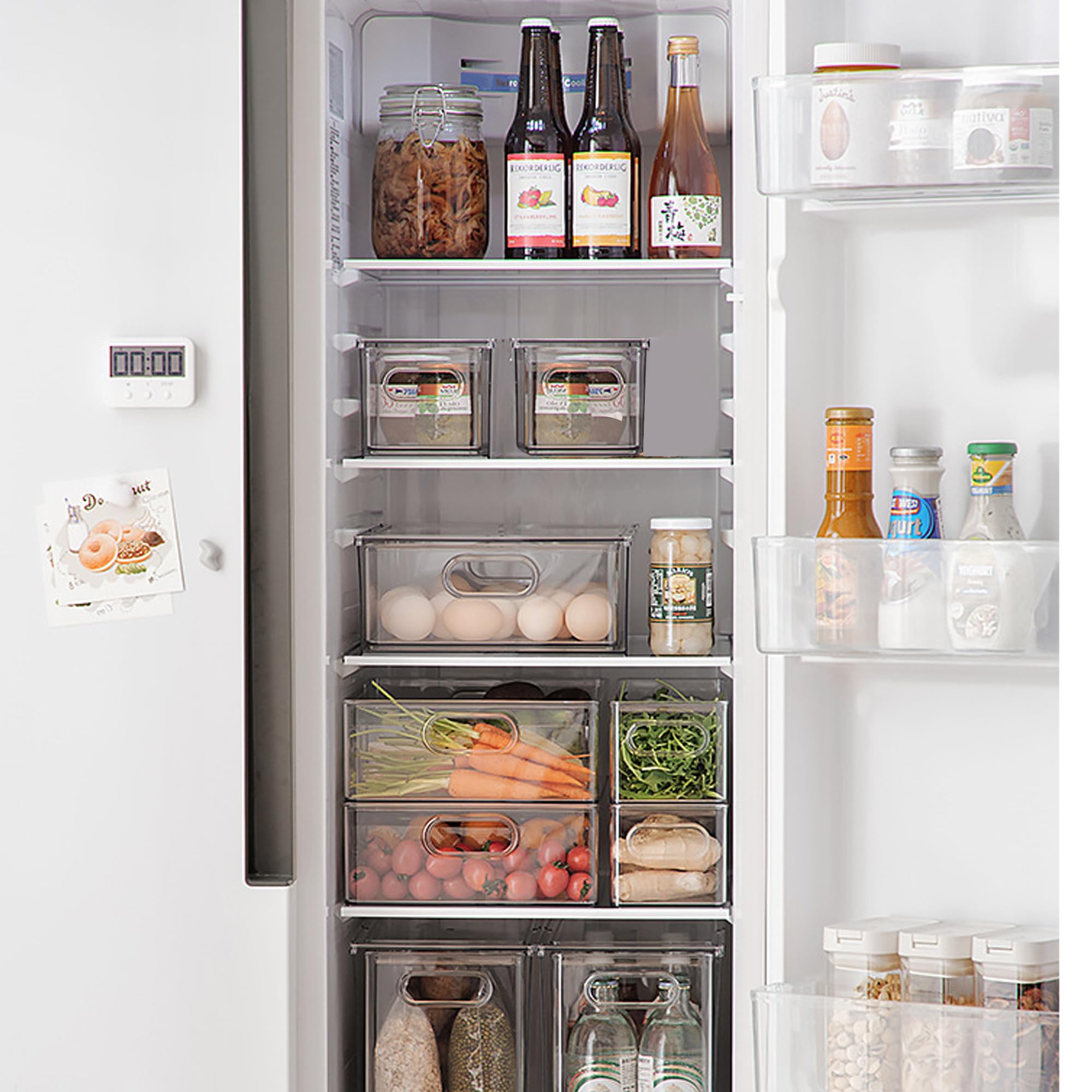 2 Pack Stackable Clear Refrigerator Organizers with Pull-Out Drawers - BPA-Free Kitchen Storage Bins for Fridge, Pantry & Cabinet (13.4