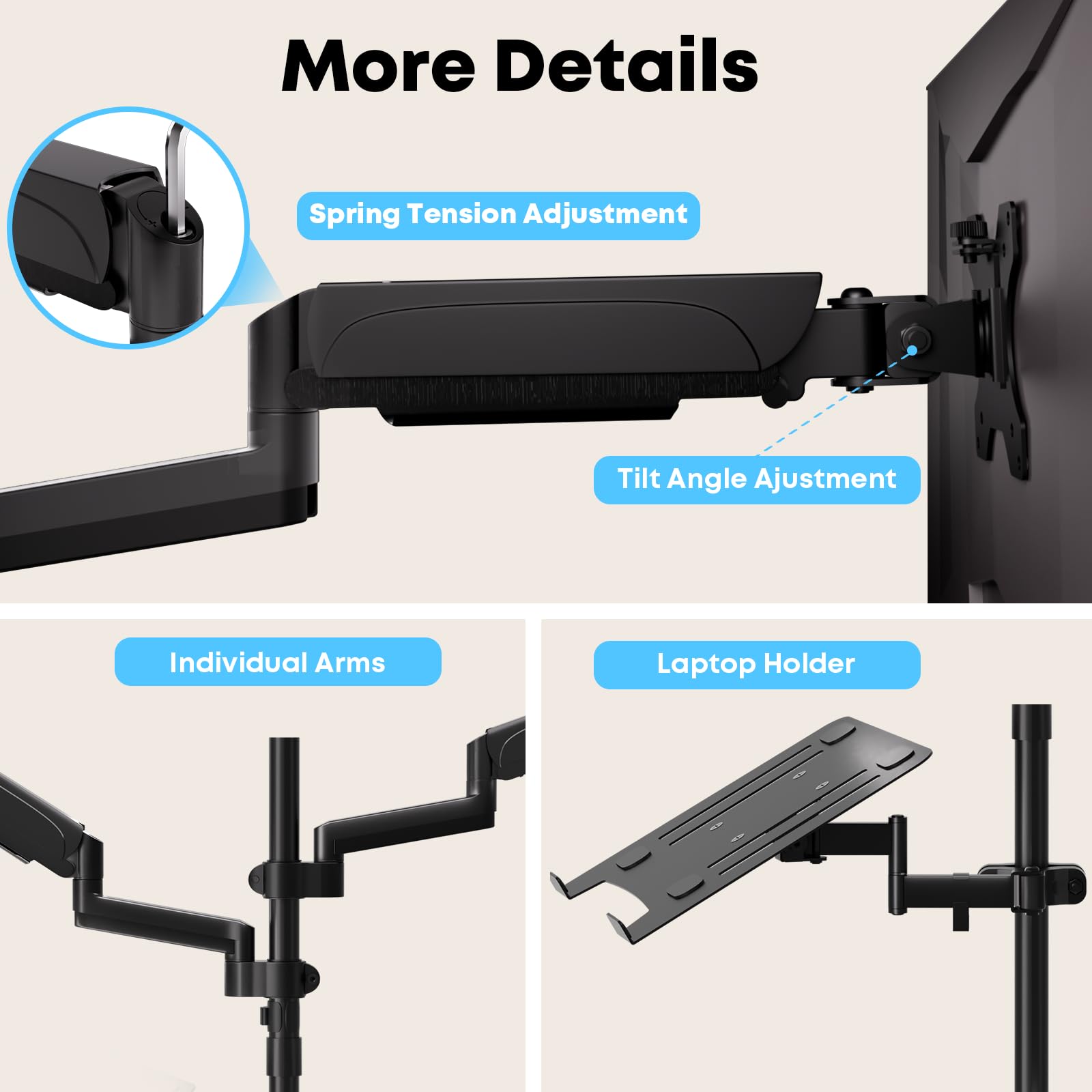 PUTORSEN Dual Monitor and Laptop Stand - Adjustable 3-in-1 Desk Mount for Two 17-32 Inch Screens & 17