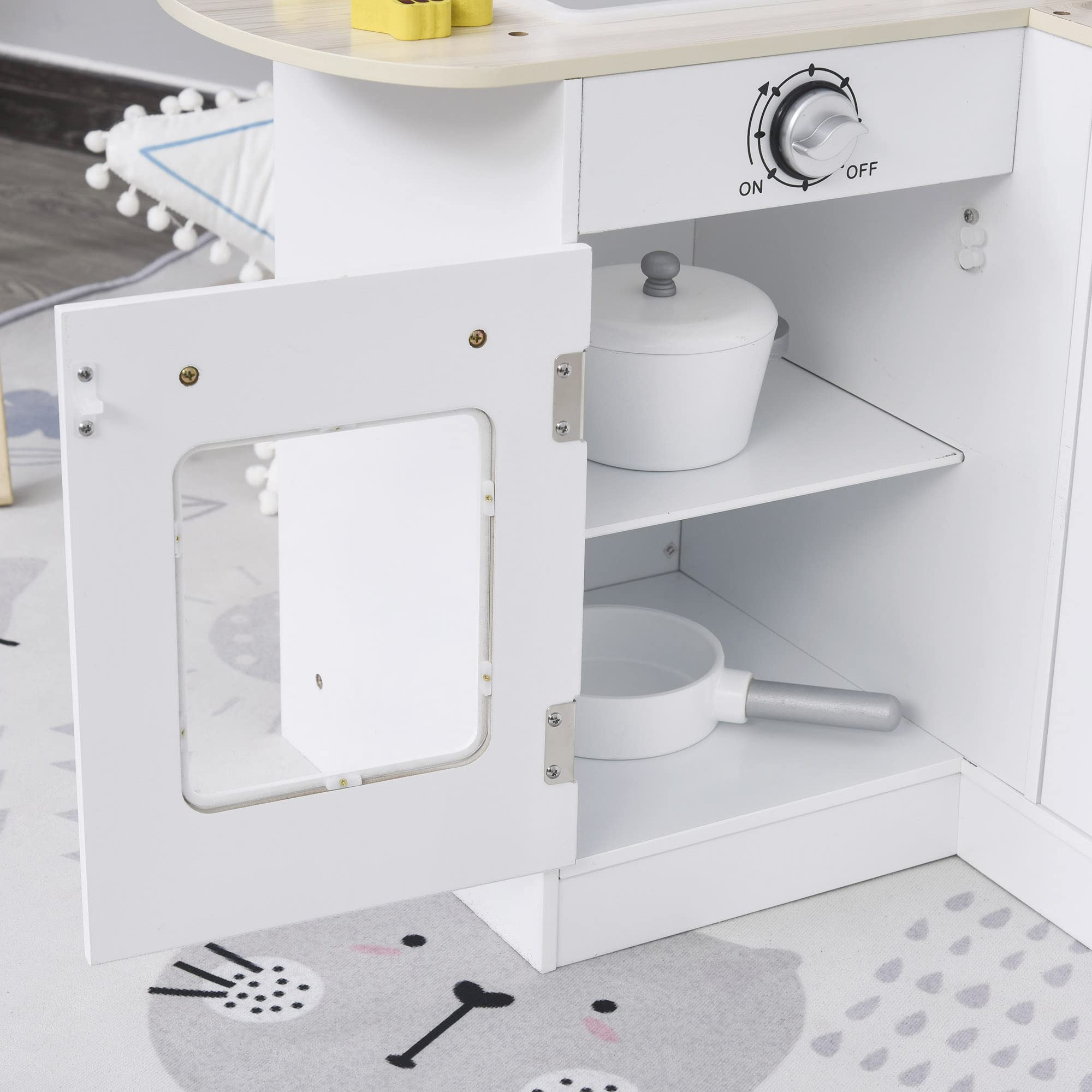 Qaba Corner Kids Wooden Pretend Kitchen Playset with Drinking Fountain, Microwave, Fridge & Accessories - Durable Toy Kitchen for Ages 3+ in White - Perfect for Home, Preschool & Playroom Pretend Play