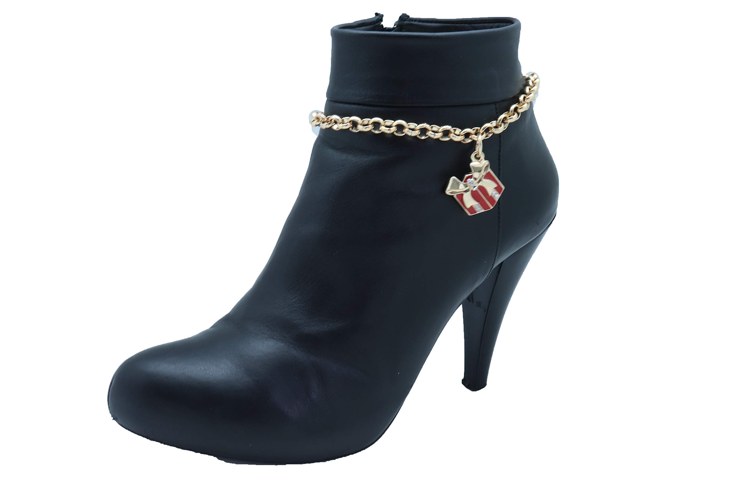 TFJ Women's Western Boot Chain Gold Metal Bling Bracelet Anklet Shoe Charm - Christmas Red Gift Style for Cowgirl Fashion & Holiday Parties