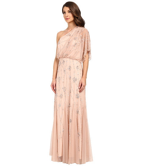 Adrianna Papell One Shoulder Beaded Gown - Elegant Blush Evening Dress for Prom, Wedding & Formal Events