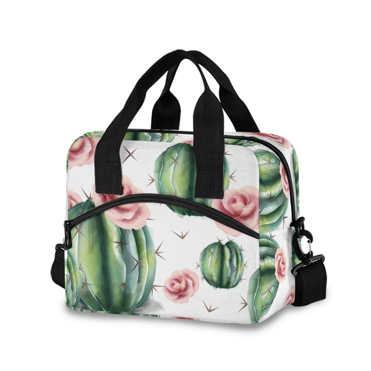 Insulated Cactus Summer Watercolor Lunch Bag for Women & Men - Reusable Cooler Tote with Detachable Shoulder Strap & Carry Handle - Perfect for Work, School, Picnic & Outdoor Activities
