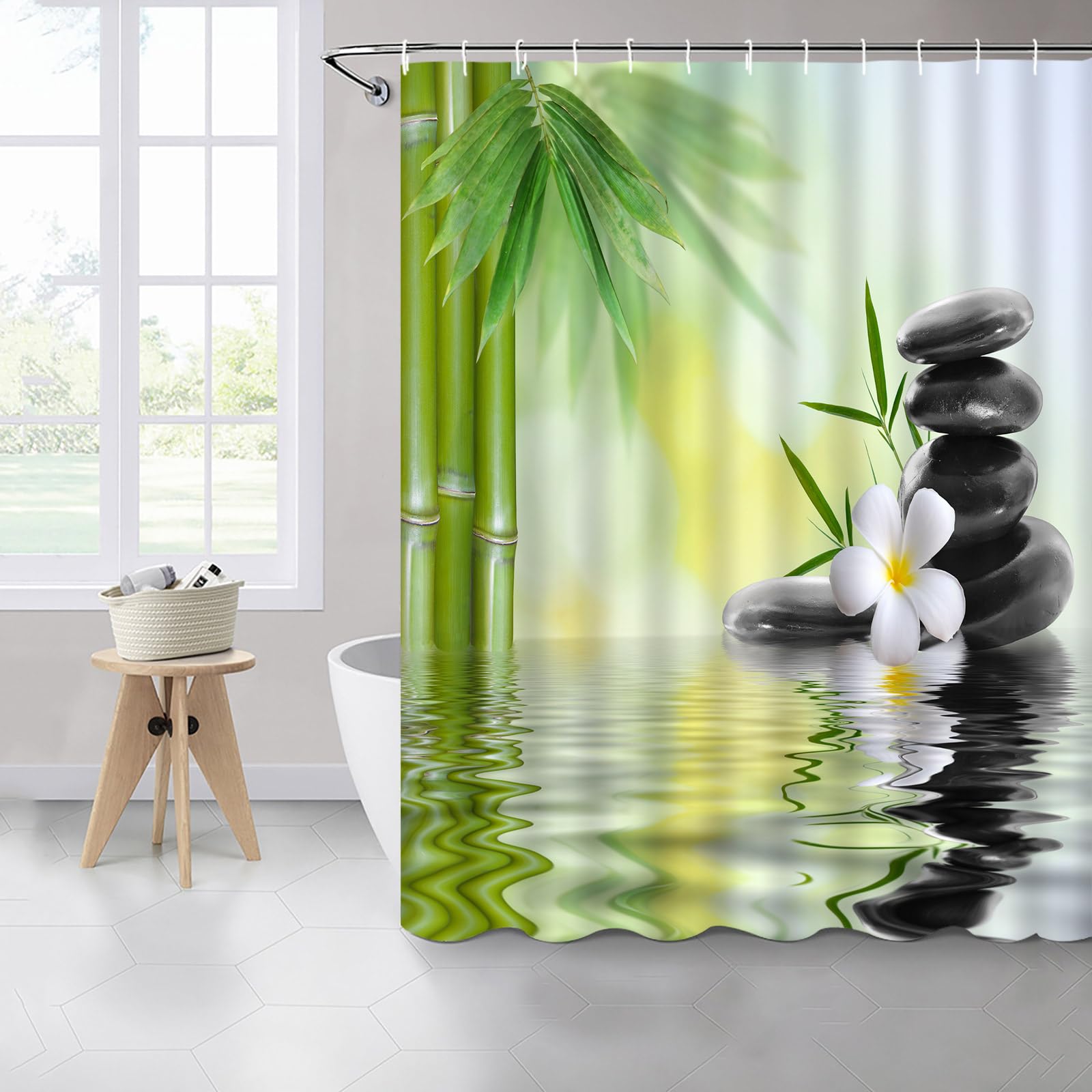 Zen Garden Shower Curtain Set - Spa Green Bamboo & Black Stone Design with White Flowers | 70x70 Inch Machine Washable Polyester Fabric with Hooks | Perfect for Bathroom Decor, Relaxing Spa Atmosphere & Asian-Inspired Home Décor