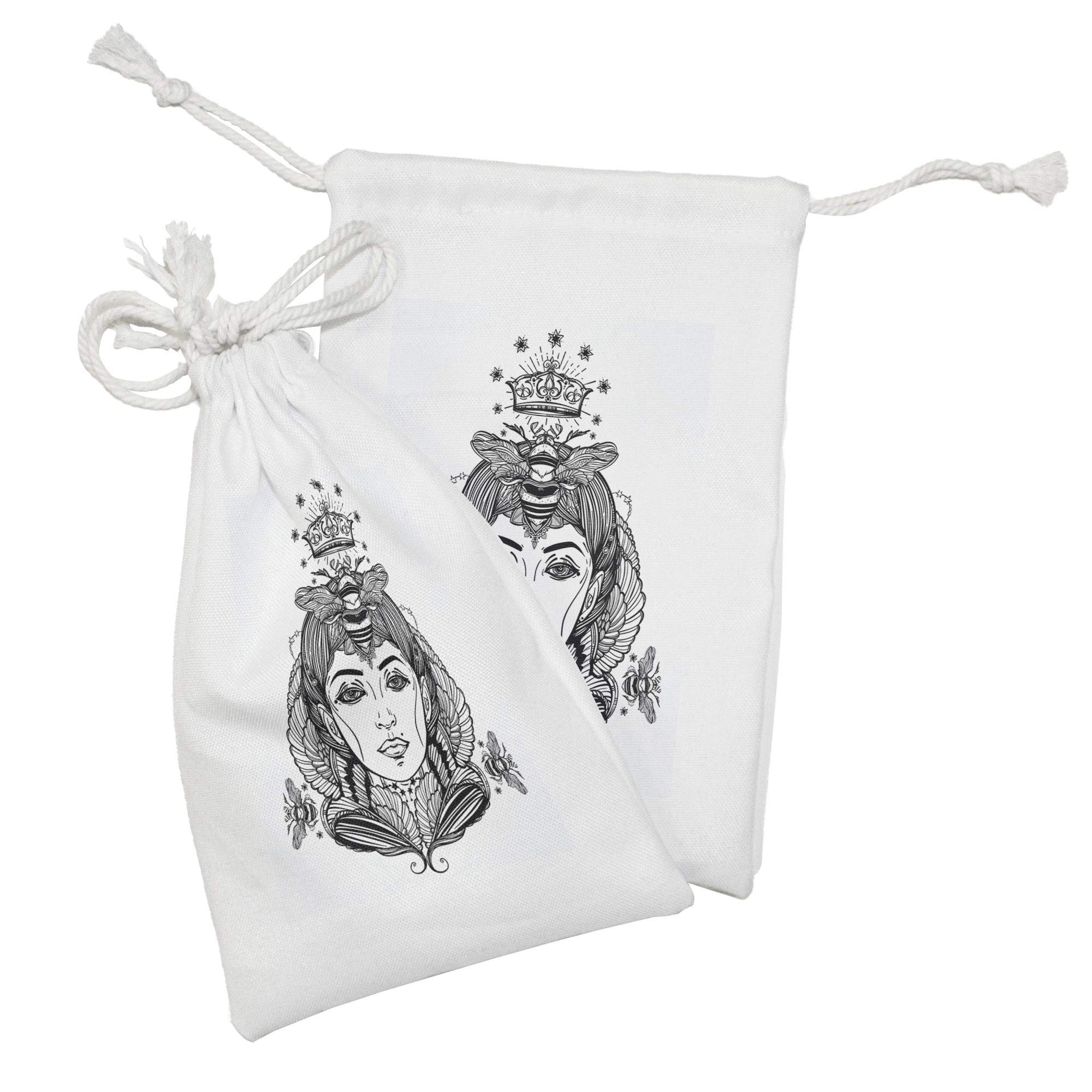 Ambesonne Queen Bee Fabric Pouch Set of 2 - Dark Brown & White Drawstring Bags (9