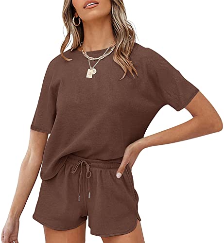 MEROKEETY Women's Short Sleeve Waffle Pajama Set - Soft Lounge Top & Comfy Shorts 2-Piece Sleepwear for Nightwear, Loungewear & Summer Outfits