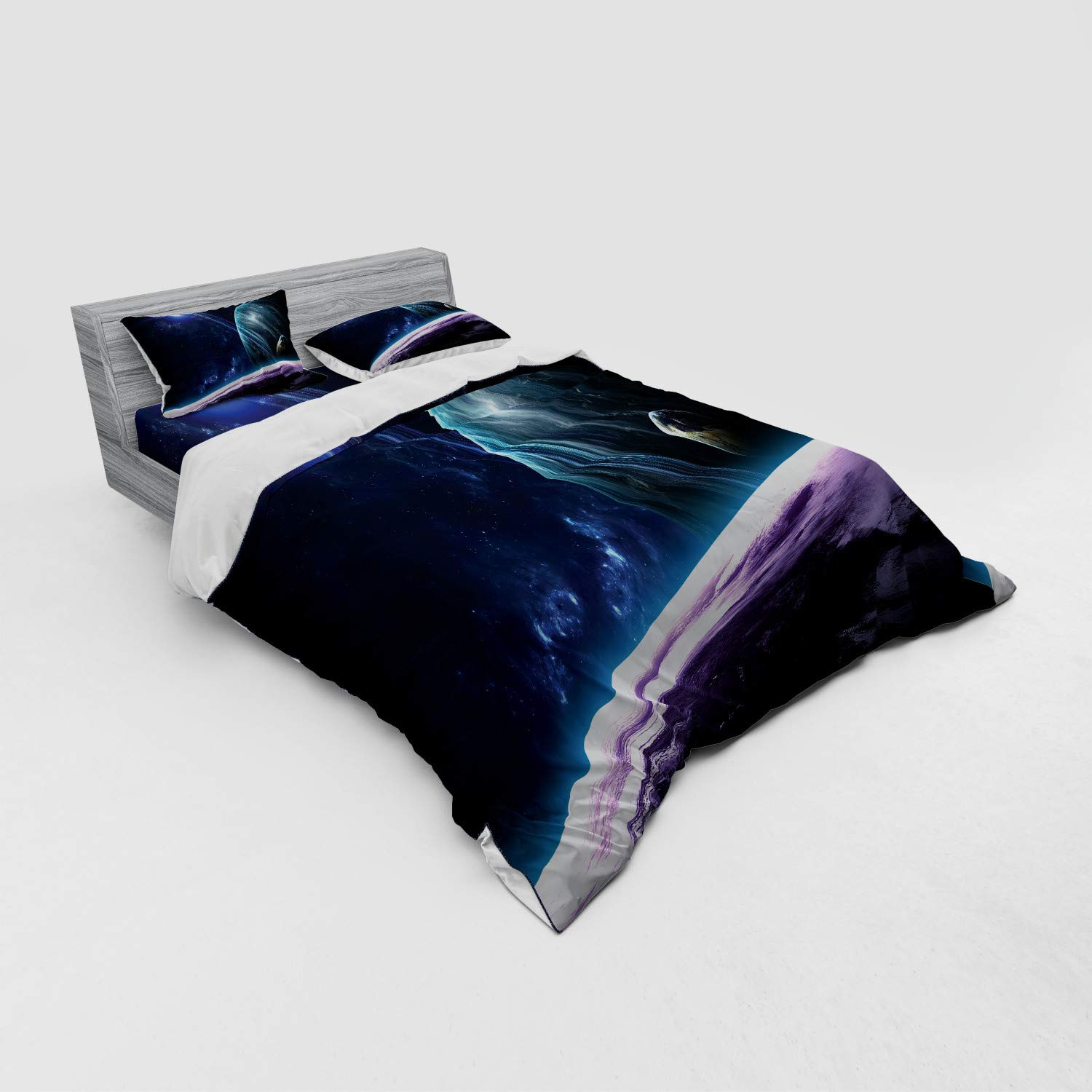Ambesonne Galaxy Duvet Cover Set - Queen Size 4-Piece Bedding with Planets & Stars Print, Blue Purple Space Theme for Astronomy Lovers | Perfect for Kids Rooms, Dorm Decor & Celestial Themed Bedrooms