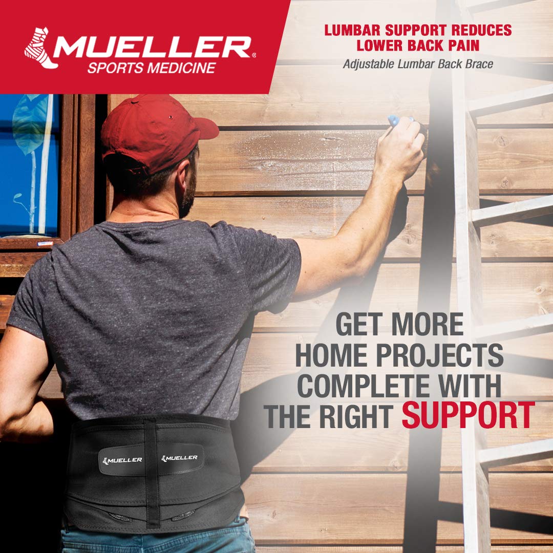 Mueller Adjustable Lumbar Back Brace with Removable Pad - Lower & Upper Back Pain Relief Support for Men & Women - Sciatica, Scoliosis Support - Black - Perfect for Office Work, Sports & Post-Surgery Recovery