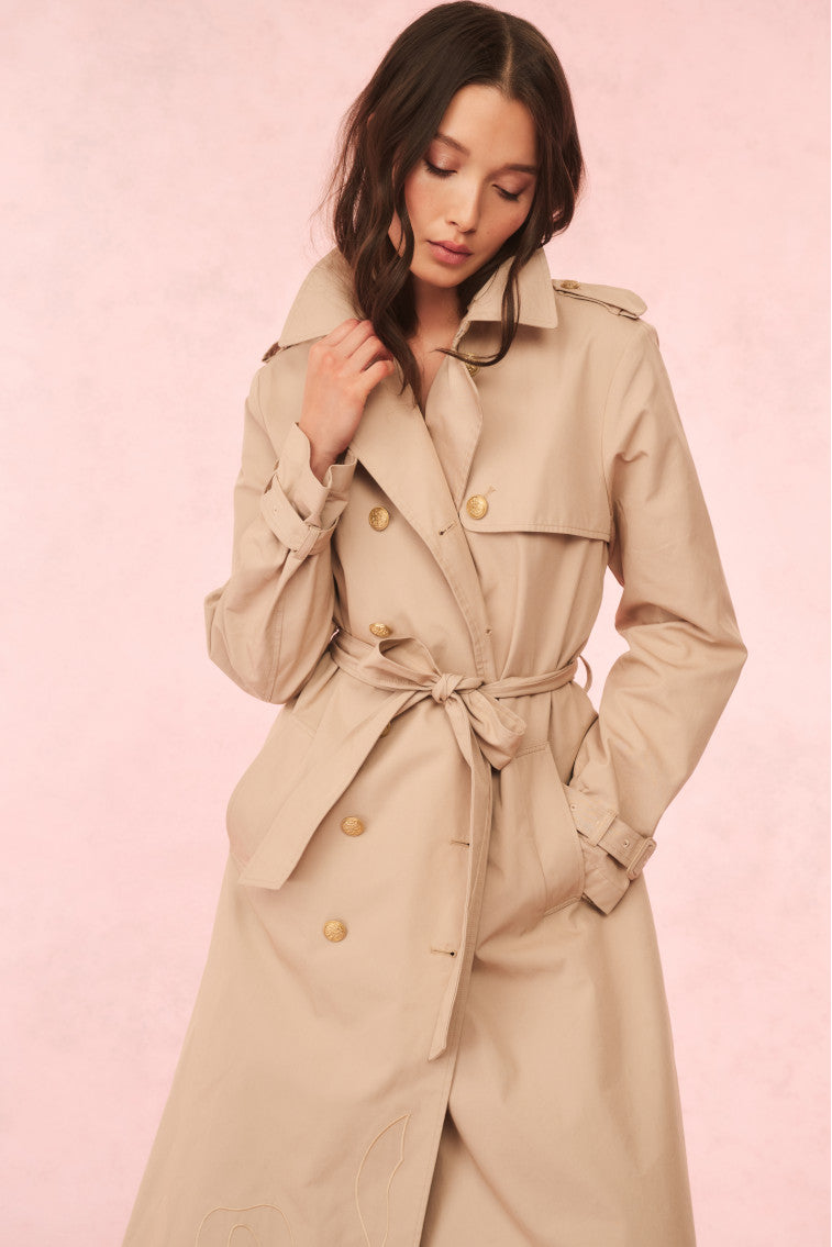 Thiel Bow Embroidered Trench Coat for Women - Elegant Long Double Breasted Wool Blend Jacket with Detachable Belt | Perfect for Office, Date Night & Fall Fashion