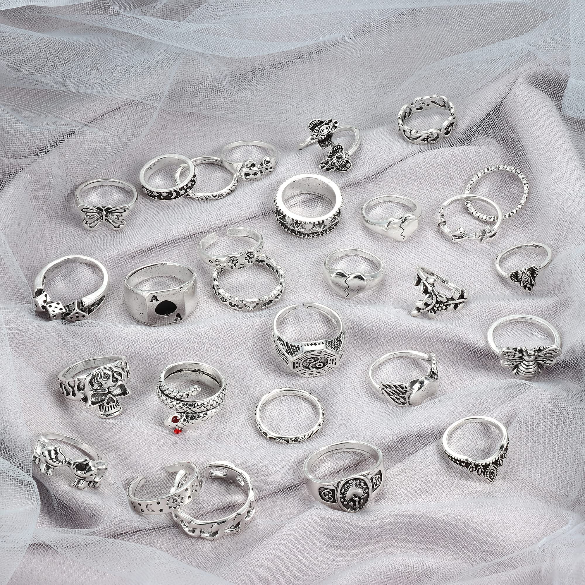 Vintage Silver Punk Rings Set - 49PCS Adjustable Knuckle Rings for Men & Women - Snake, Cross, Flower, Gothic, Hip Hop Style - Stackable Midi Rings for Daily Wear, Parties, Concerts & Photo Shoots
