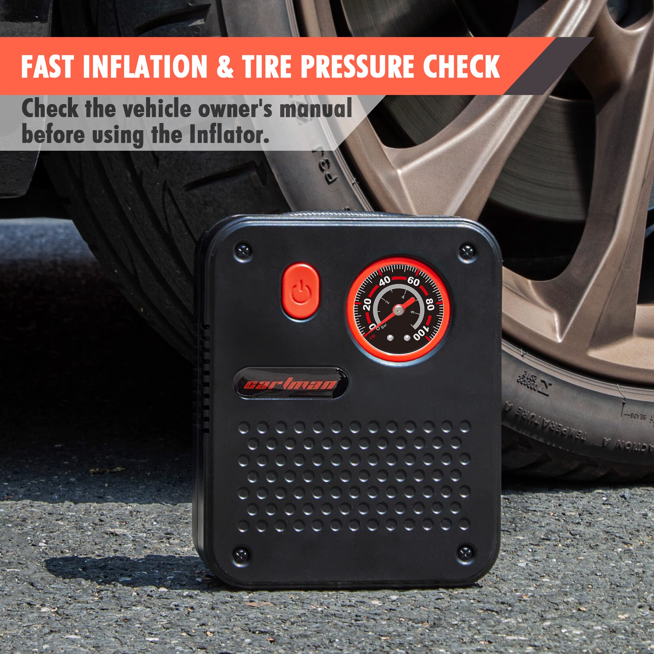 Portable Electric Air Compressor Pump for Car Tires, Bikes, Balls & Inflatables - CARTMAN 12V DC Tire Inflator with Digital Pressure Gauge - Fast Inflation for Road Trips, Camping & Emergency Use (Black)