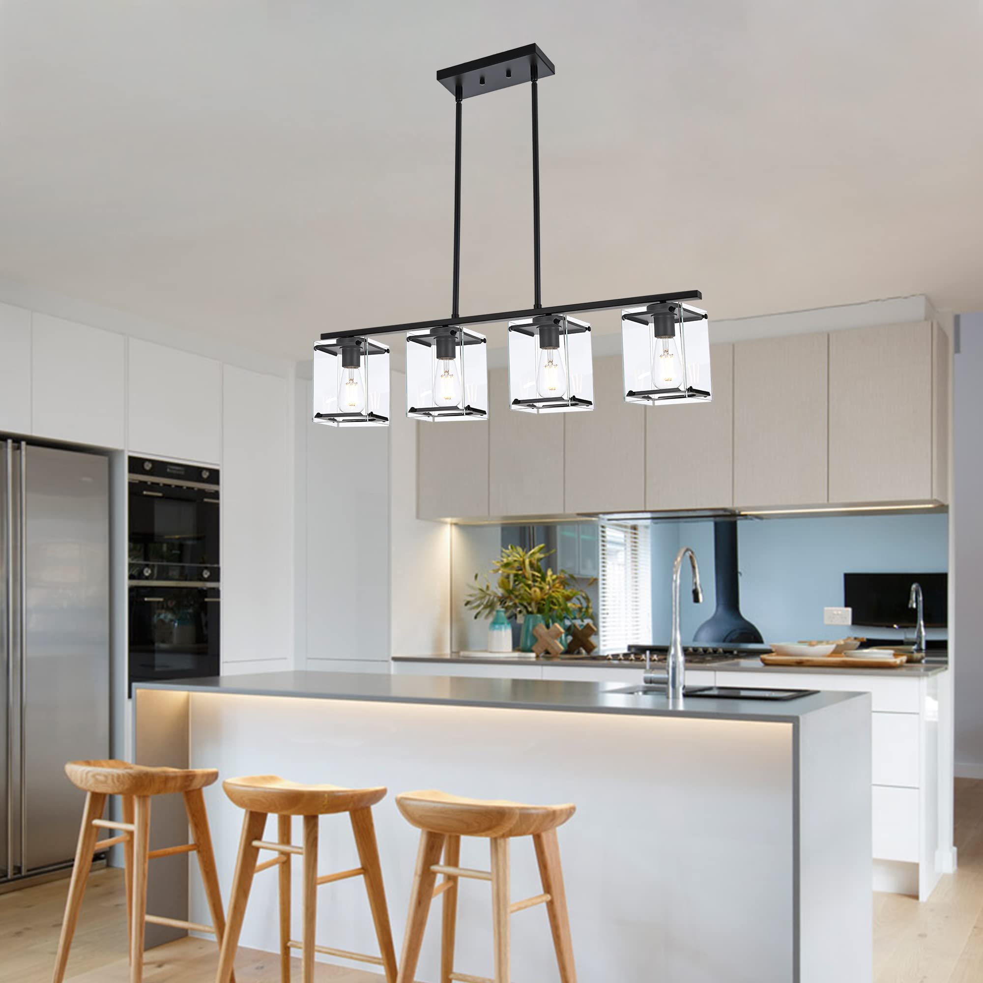 MELUCEE 4-Light Farmhouse Pendant Lighting - Matte Black Linear Chandelier with Clear Glass Shade for Kitchen Island, Dining Room, Foyer | Modern Rustic Home Decor Lighting Fixture