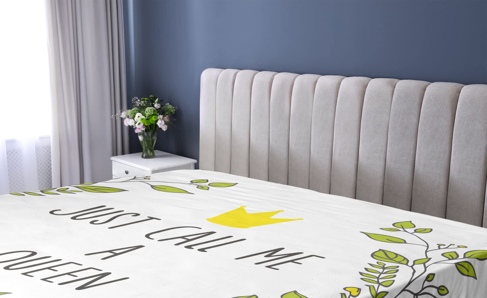 Ambesonne Queen Fitted Sheet - Wreath Branches with 'Just Call Me Queen' Lettering & Crown Design, Deep Pocket All-Around Elastic Bed Cover, Twin Size in Grey Apple Green - Perfect for Guest Rooms, Dormitories & Cozy Bedroom Decor