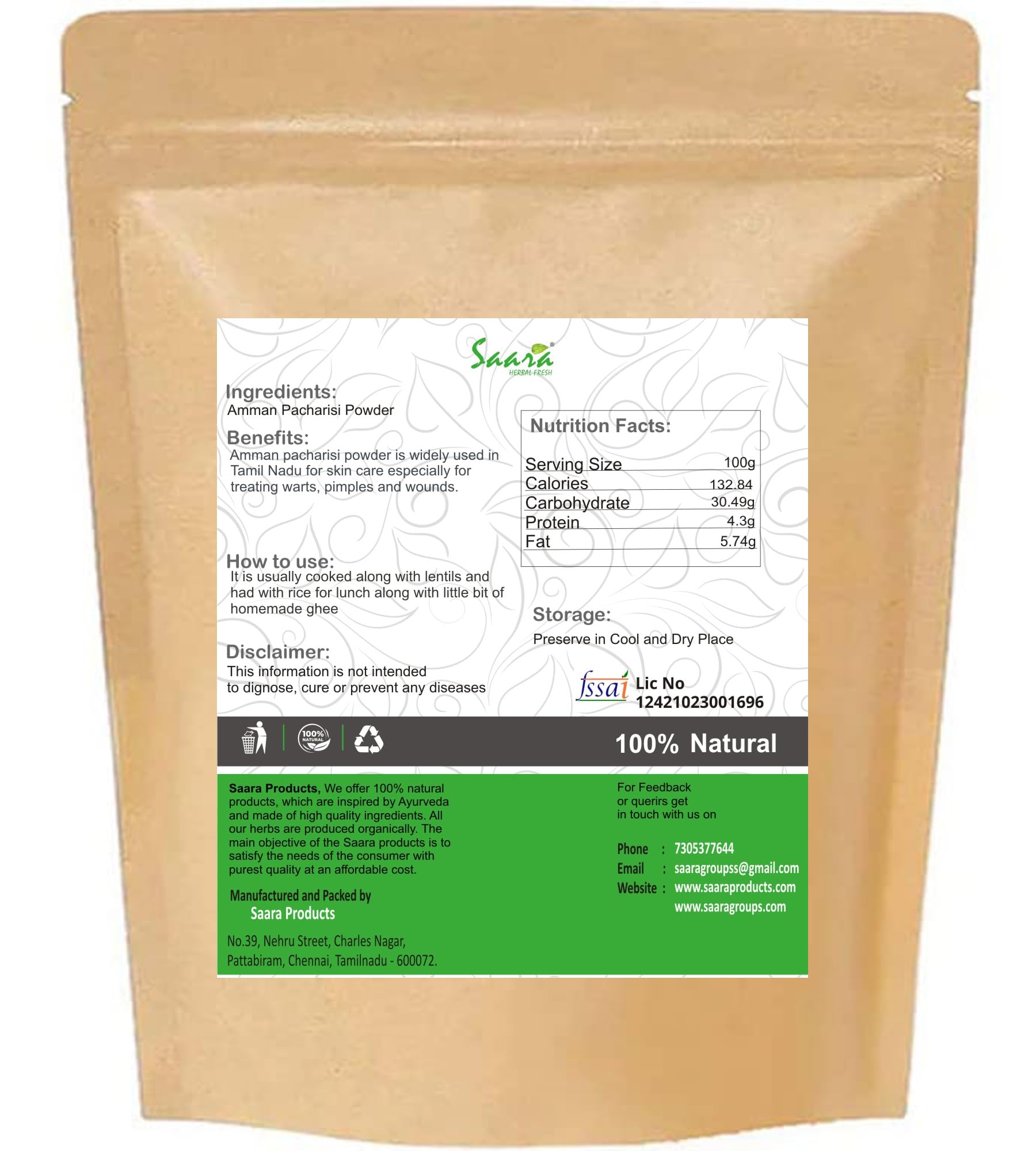 Organic Saara HERBAL FRESH Amman Pacharisi Powder 70g | Euphorbia Hirta, Bottle Gourd & Dudhi Powder | Herbal Supplement for Digestive Health, Immunity & Skin Care | Pack of 1 x 70g | Perfect for Ayurvedic Remedies & Natural Wellness
