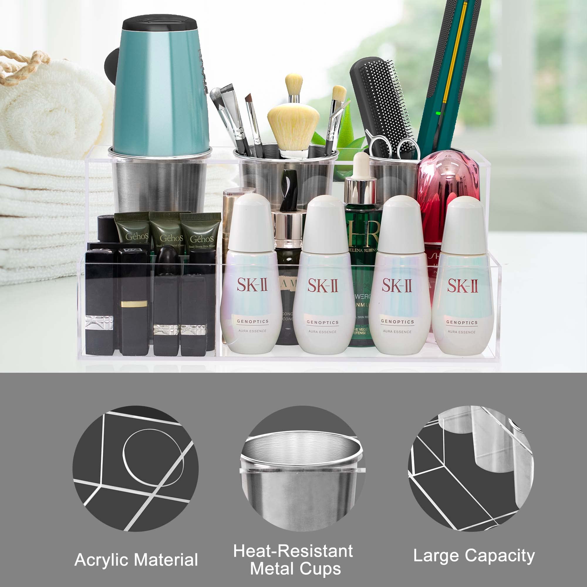 AKTOP Clear Acrylic Hair Tool Organizer - Blow Dryer Holder & Styling Tools Storage for Hair Dryer, Flat Iron, Curling Iron - Bathroom Vanity Countertop Organizer for Hot Tools (Perfect for Small Spaces & Salon-Style Organization)