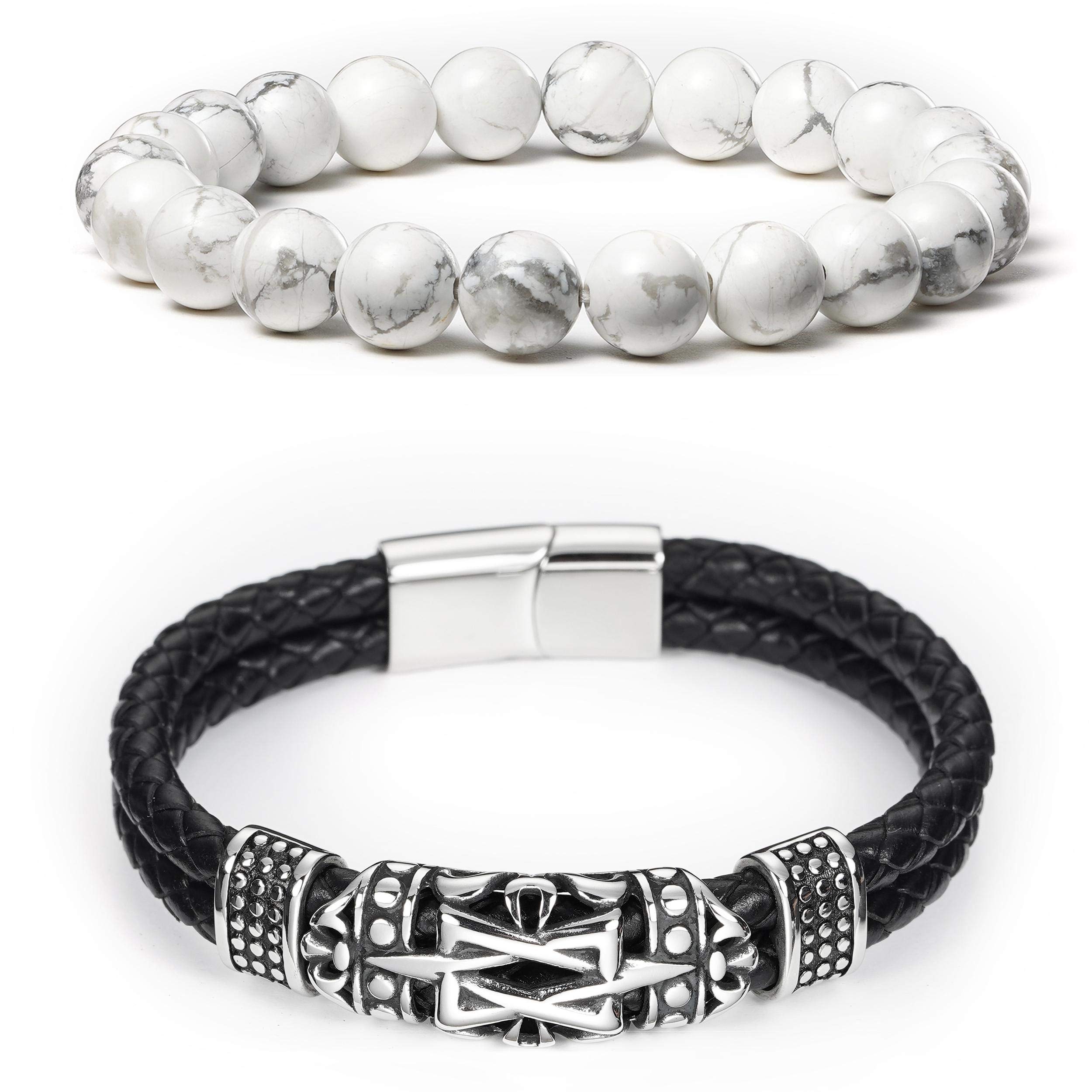 BINLUN 2Pcs Men's Black Braided Leather Bracelet with Magnetic Clasp - White Turquoise Healing Beads Bracelet Set for Men, Woven Leather Cuff Bracelets for Daily Wear, Gifts, and Spiritual Healing