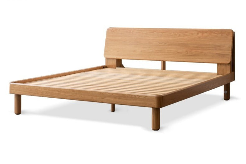 Solid Oak Wood Platform Bed with Bookshelf Headboard - Modern Bedroom Furniture for Small Spaces & Cozy Reading Nook