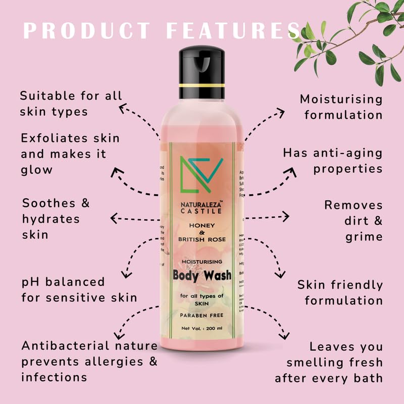 NATURALEZA CASTILE Honey & British Rose Moisturizing Body Wash - 200ml Shower Gel for Soft, Smooth Skin - Women & Men - Perfect for Daily Hydration & Relaxing Bath Time
