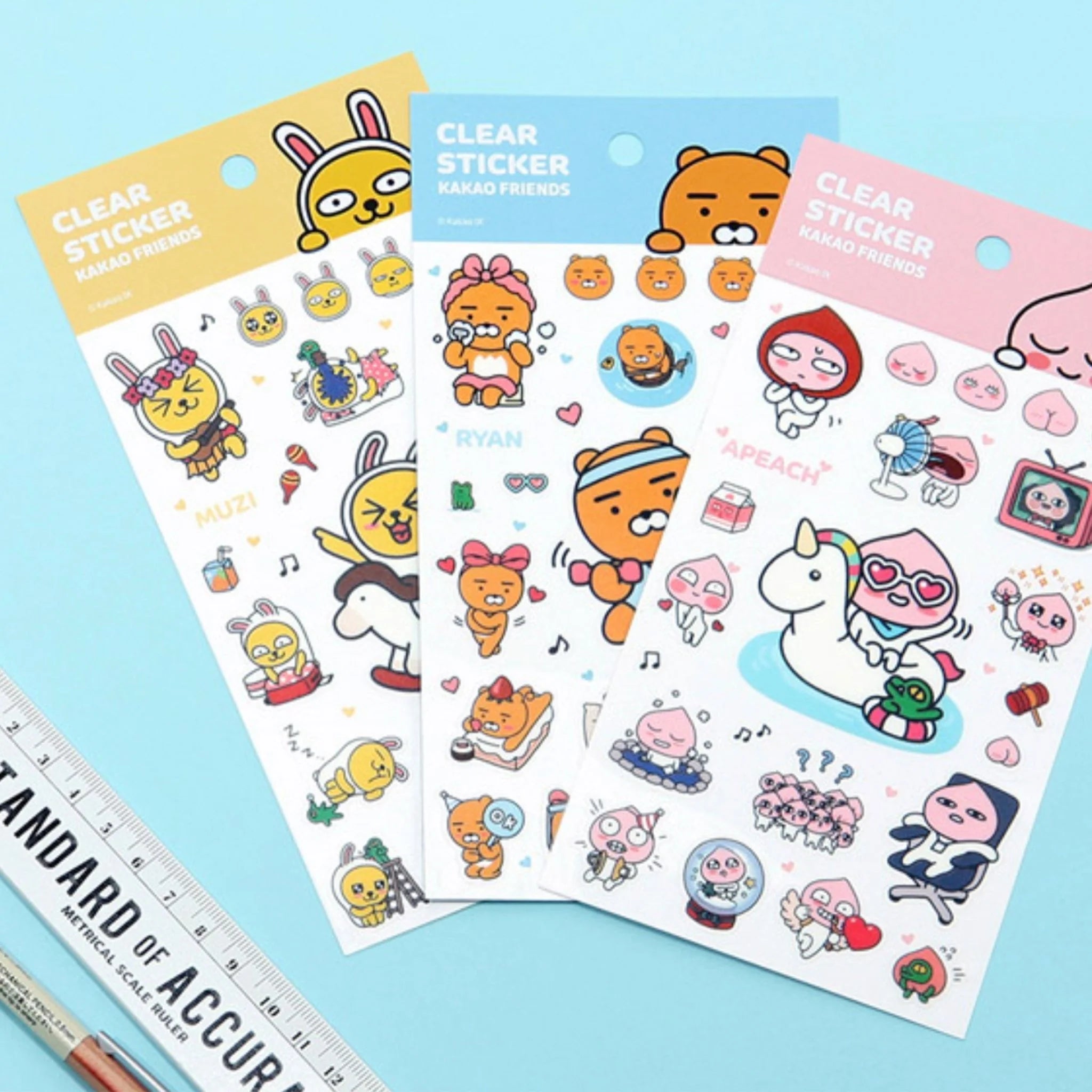 KAKAO FRIENDS Clear Stickers Pack of 4 - Cute Korean Cartoon Decals for Laptops, Planners & Water Bottles