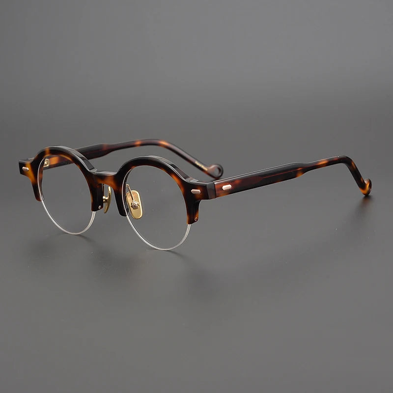 Black Unisex Semi-Rimless Round Acetate Eyeglasses Frame 9535 - Lightweight & Durable for Reading, Driving, and Everyday Wear