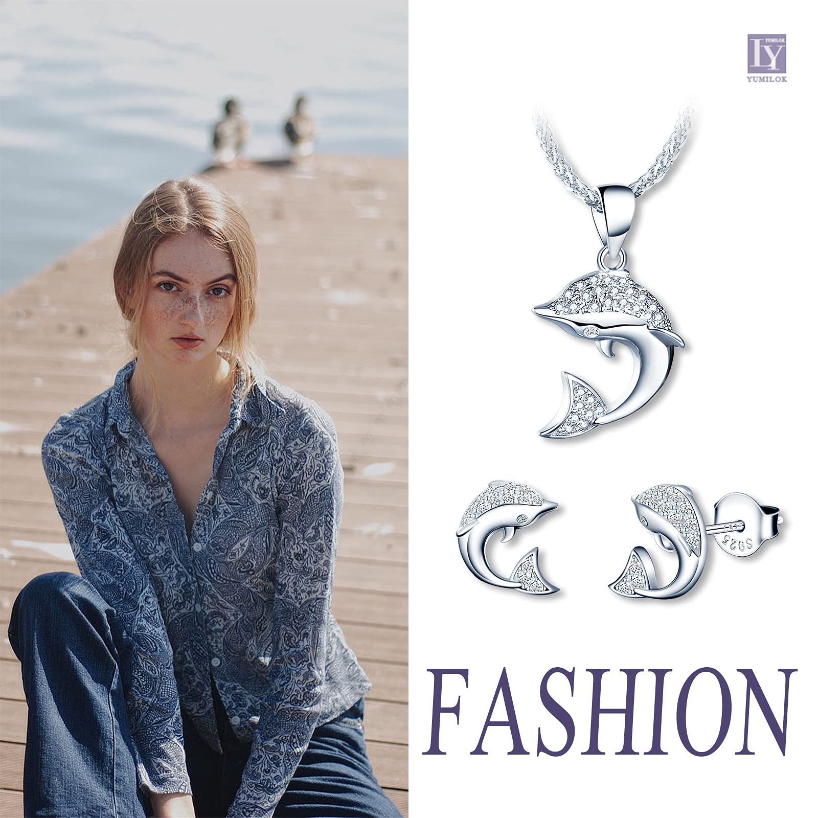 Trendy Yumilok Dolphin Necklace & Earring Set for Women - Elegant Jewelry Gift for Her - Perfect for Beach Vacations, Summer Outfits & Casual Wear