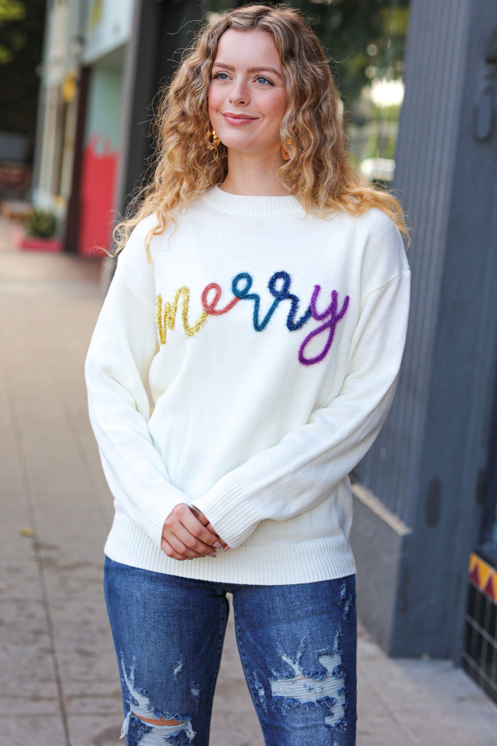 More the Merrier White Pop Up Lurex Sweater - Women's Sparkly Knit Pullover for Holiday Parties & Christmas Gatherings