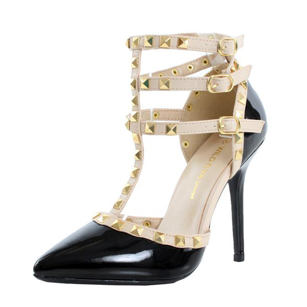 Black Beige Patent Leather T-Strap Studded Pointy Toe Classic High Heels - Perfect for Evening Parties, Weddings & Formal Events