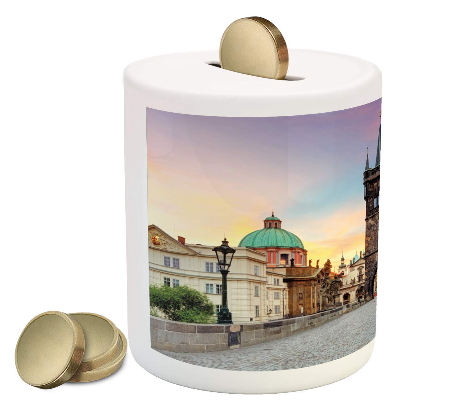 Lunarable Ceramic Piggy Bank - Prague Charles Bridge Photography Design, Czech Republic Old Architecture Coin Bank for Cash Saving, 3.6