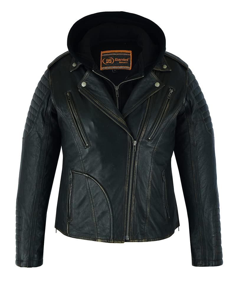 Premium Black Lambskin Leather Motorcycle Jacket for Women - Daniel Smart Biker Jacket with Removable Hood & Armor Pockets | Riding, Street Fashion, Outdoor Adventures