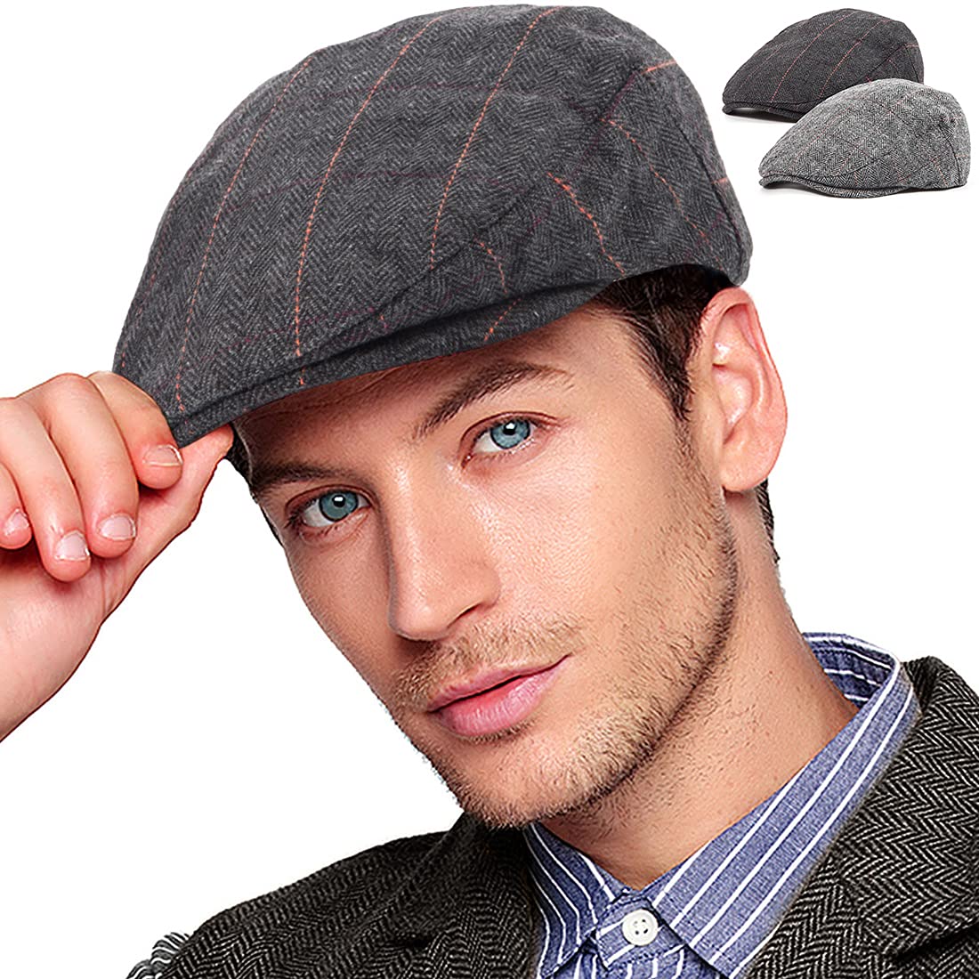 2 Pack Adjustable Newsboy Hats for Men - Wool Blend Tweed Flat Cap | Vintage Irish Cabbie Style | Perfect for Casual Wear, Outdoor Activities & Costume Parties