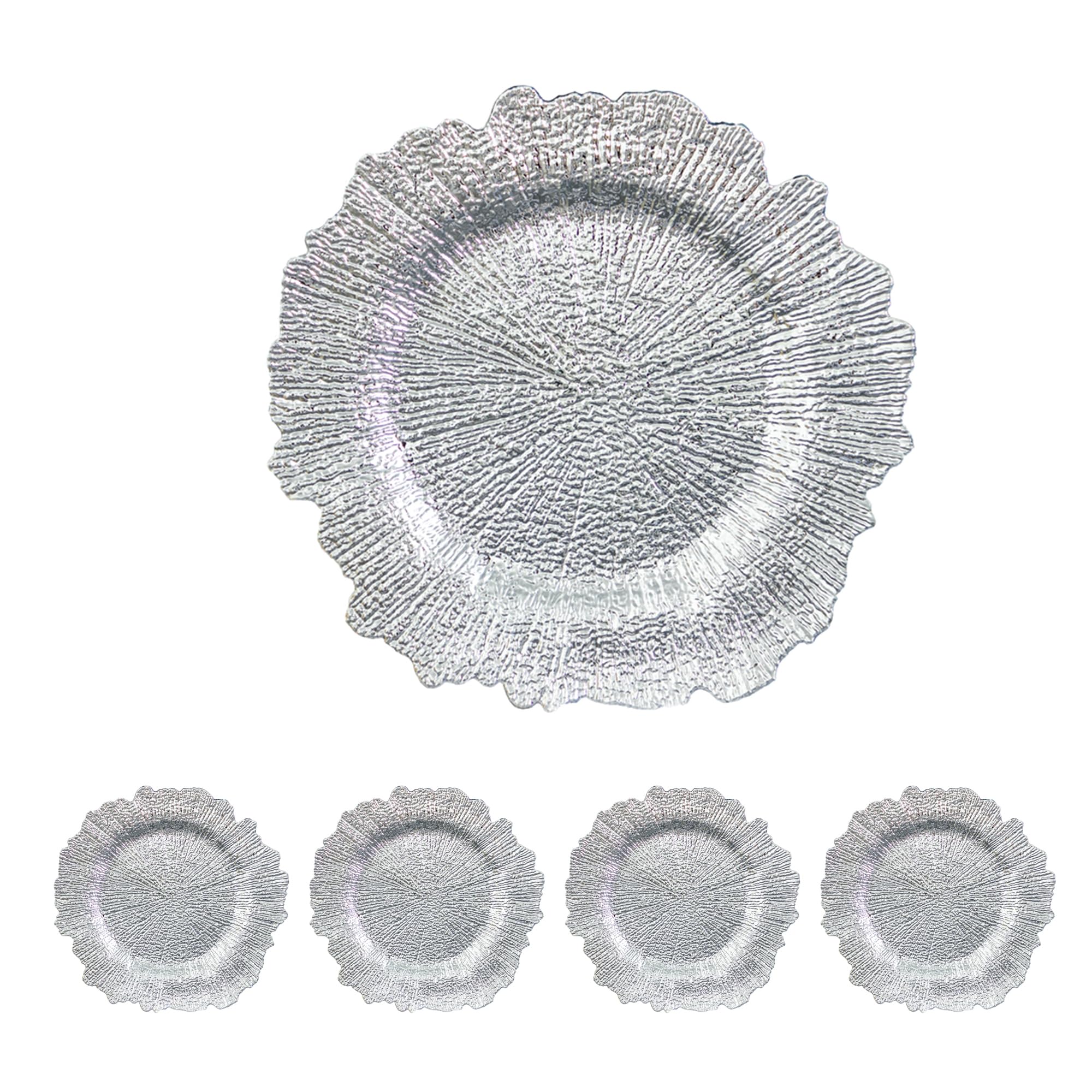 RYR 13 Inch Silver Plastic Charger Plates - Set of 4 Round Ganoderma Style Decorative Dinner Plates for Table Setting, Holidays, Weddings & Parties - Elegant Tableware for Fine Dining & Special Occasions
