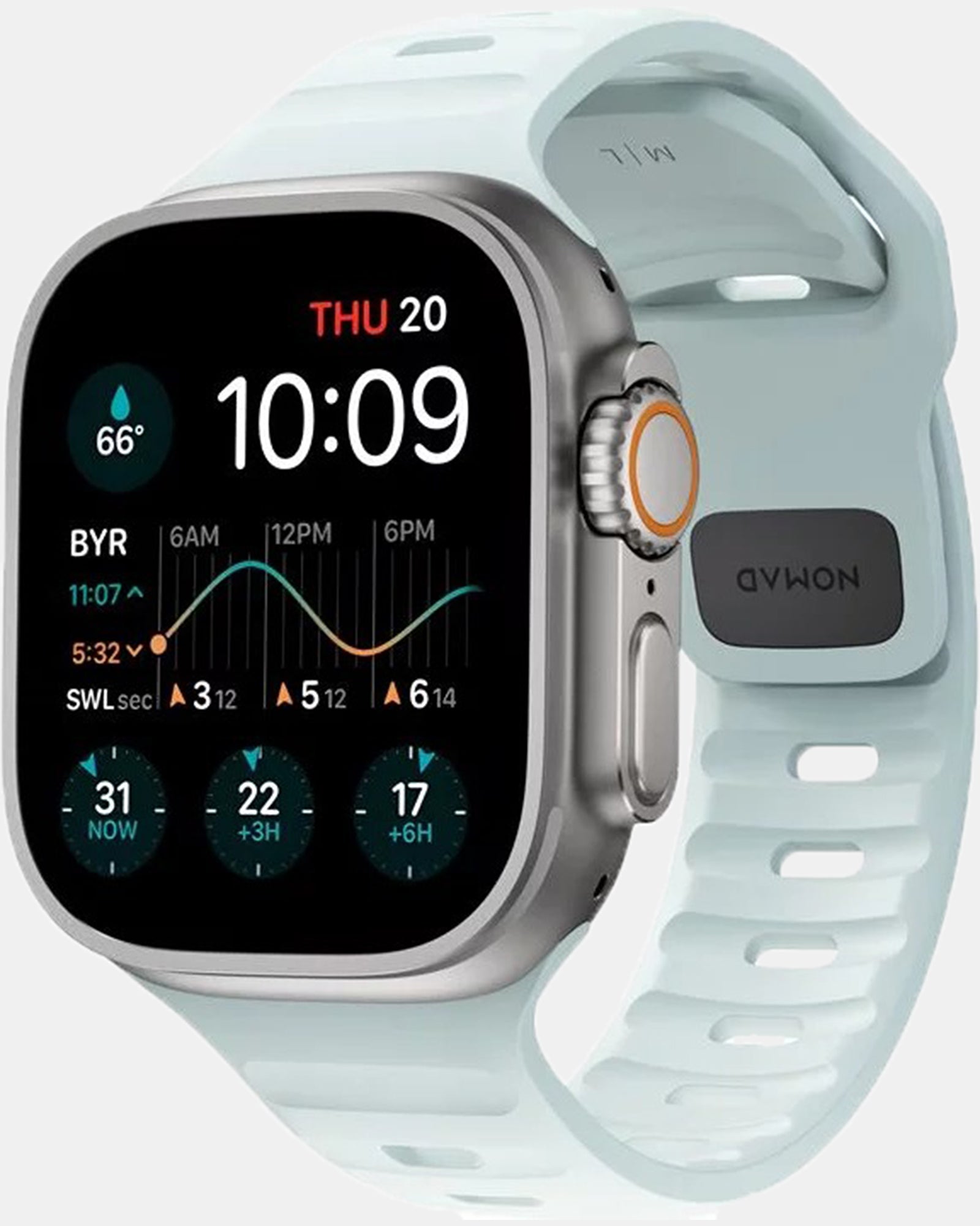 NOMAD Sport Band for Apple Watch 44mm 46mm Ultra - Durable Silicone Strap, Icy Blue Glow - Perfect for Running, Swimming & Outdoor Activities