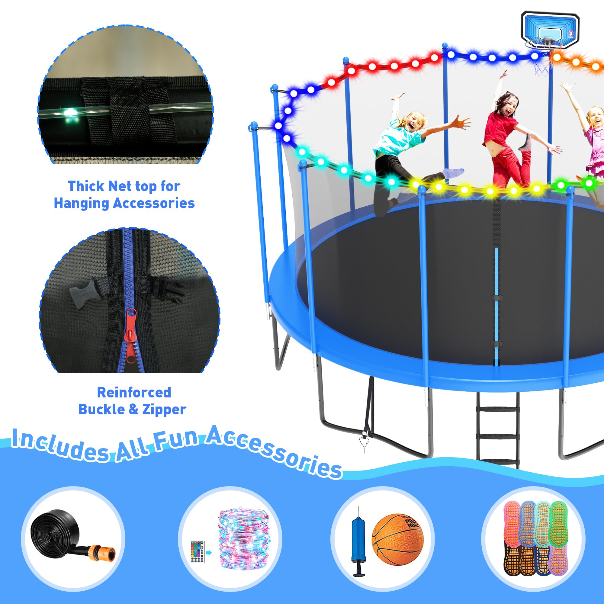DeepRoar Trampoline for Kids & Adults - 1500LBS Capacity, 8FT to 16FT Sizes with Basketball Hoop, Safety Enclosure Net & LED Lights | Heavy Duty Outdoor Trampoline with Sprinkler, Socks & ASTM Certification | Perfect for Backyard Fun, Exercise & Family Bonding