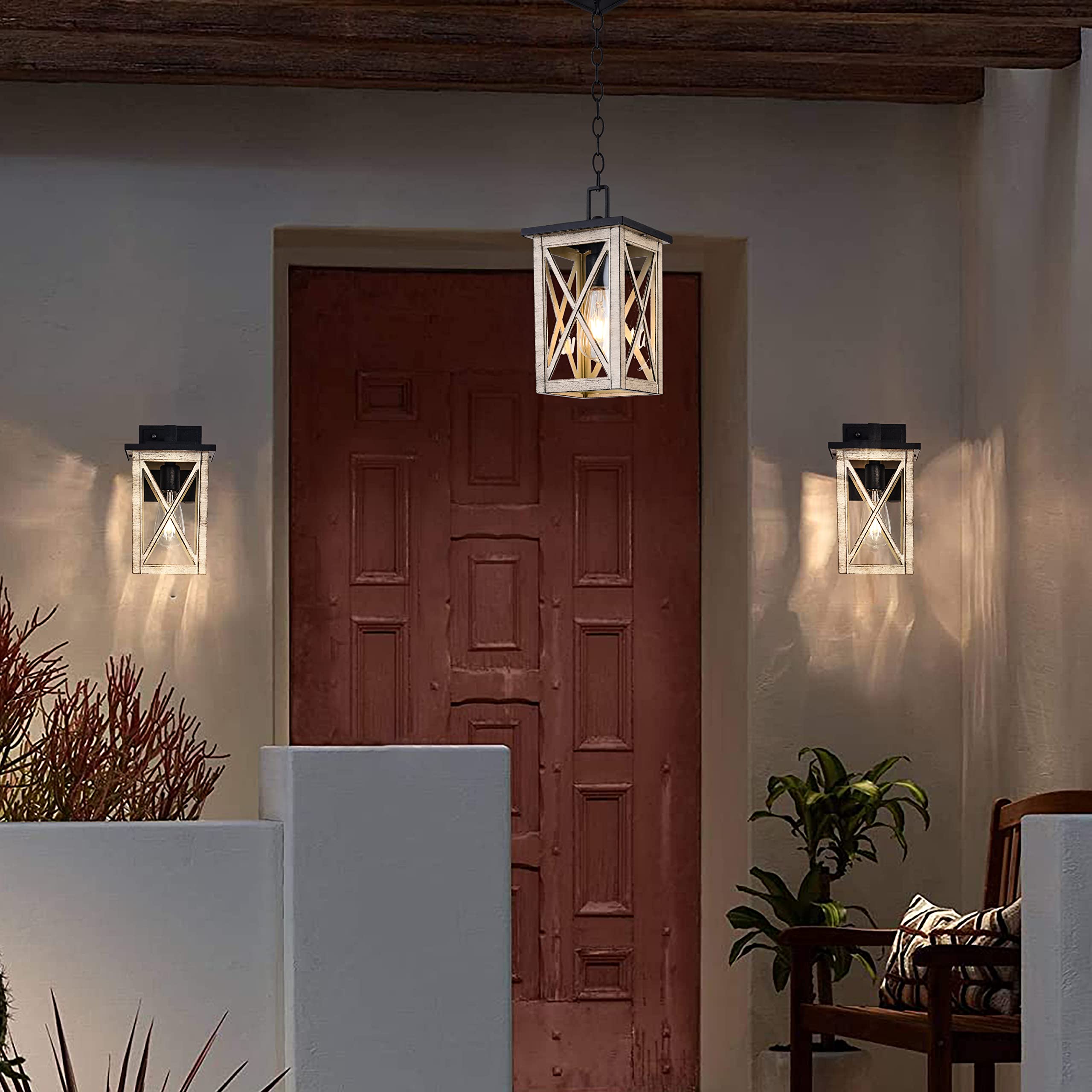 Outdoor Pendant Light - Waterproof Hanging Lantern with Wood Grain & Glass Shade - 1-Light Exterior Fixture for Porch, Patio, Entryway - Perfect for Garden, Deck, and Outdoor Dining Areas