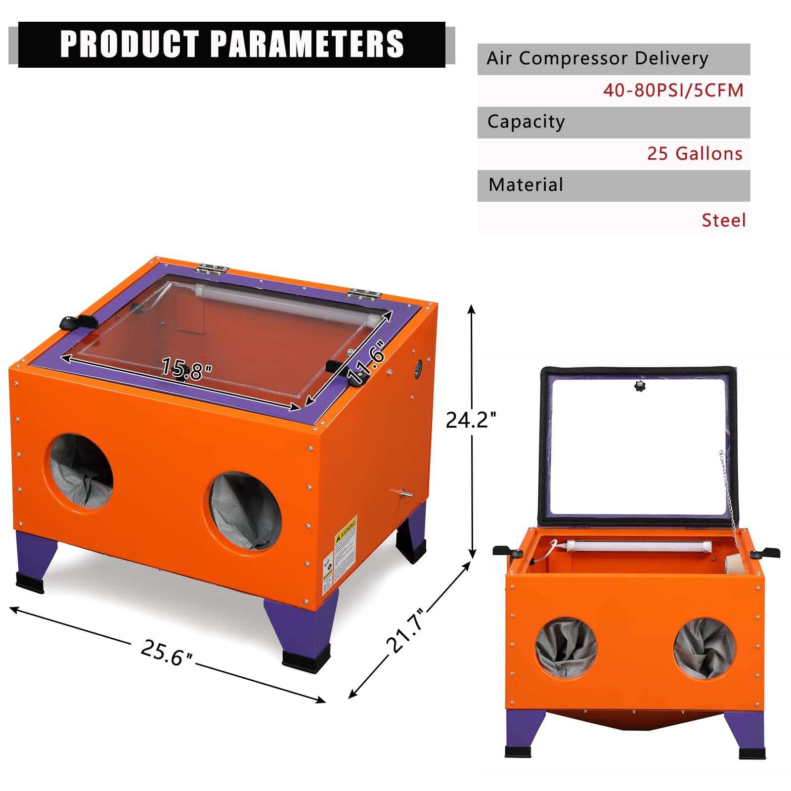 AutoForever 25 Gallon Bench Top Portable Sand Blaster Cabinet Kit - 40-80PSI, 5CFM Power Sandblaster with 15.75 x 11.6