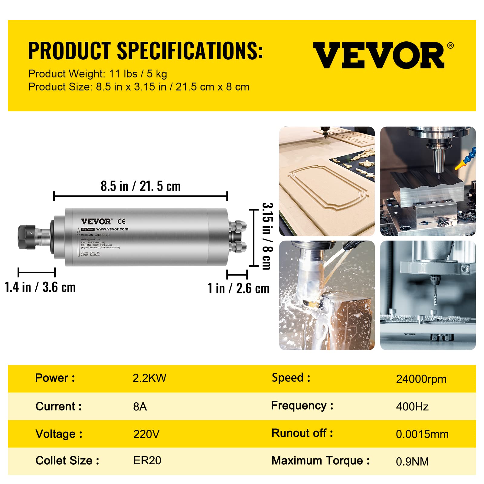 2.2KW Water Cooled CNC Spindle Motor Kit for Router, Engraving & Milling Machines - High Precision CNC Spindle for Woodworking, Metal Cutting & DIY Projects