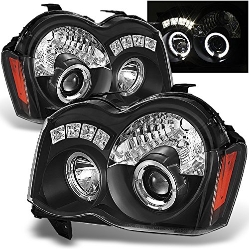 AKKON Jeep Grand Cherokee Black Bezel Dual Halo Ring Projector LED Headlights Replacement - Pair for Improved Night Visibility & Style Upgrade | Perfect for Off-Roading, Night Driving & Custom Car Mods