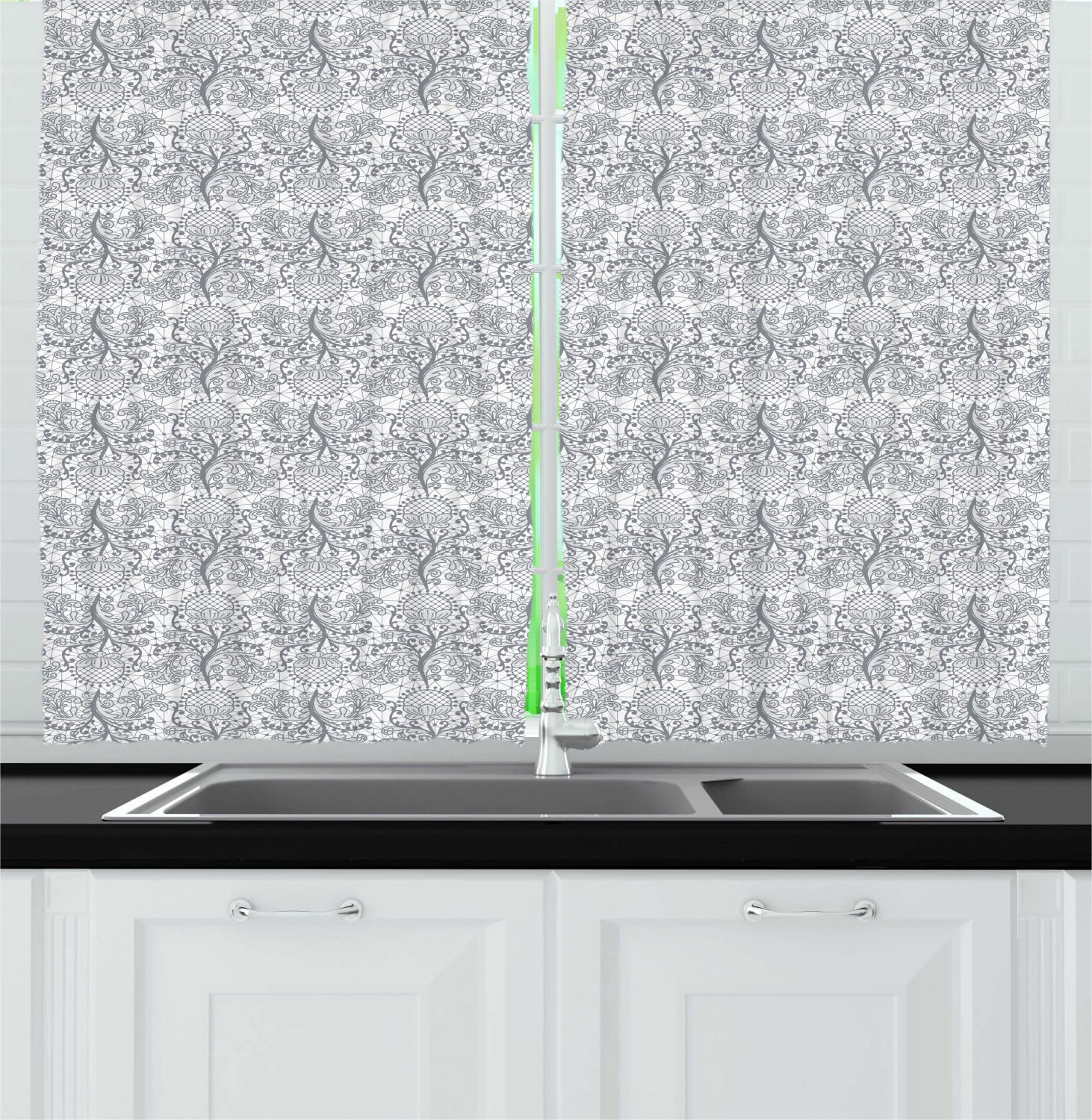 Ambesonne Floral Long Kitchen Curtains - Lacy Boho Blossom Bouquet Drapes with Rod Pocket, 55