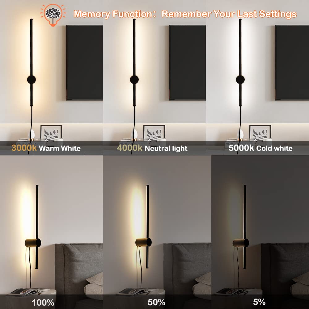 Dimmable LED Wall Sconce Set of 2 - Modern Plug-in Wall Lights with Memory Function, 23.6 Inch Black Wall Lamp with Plug Dimmer | Perfect for Bedroom, Living Room & Hallway Lighting
