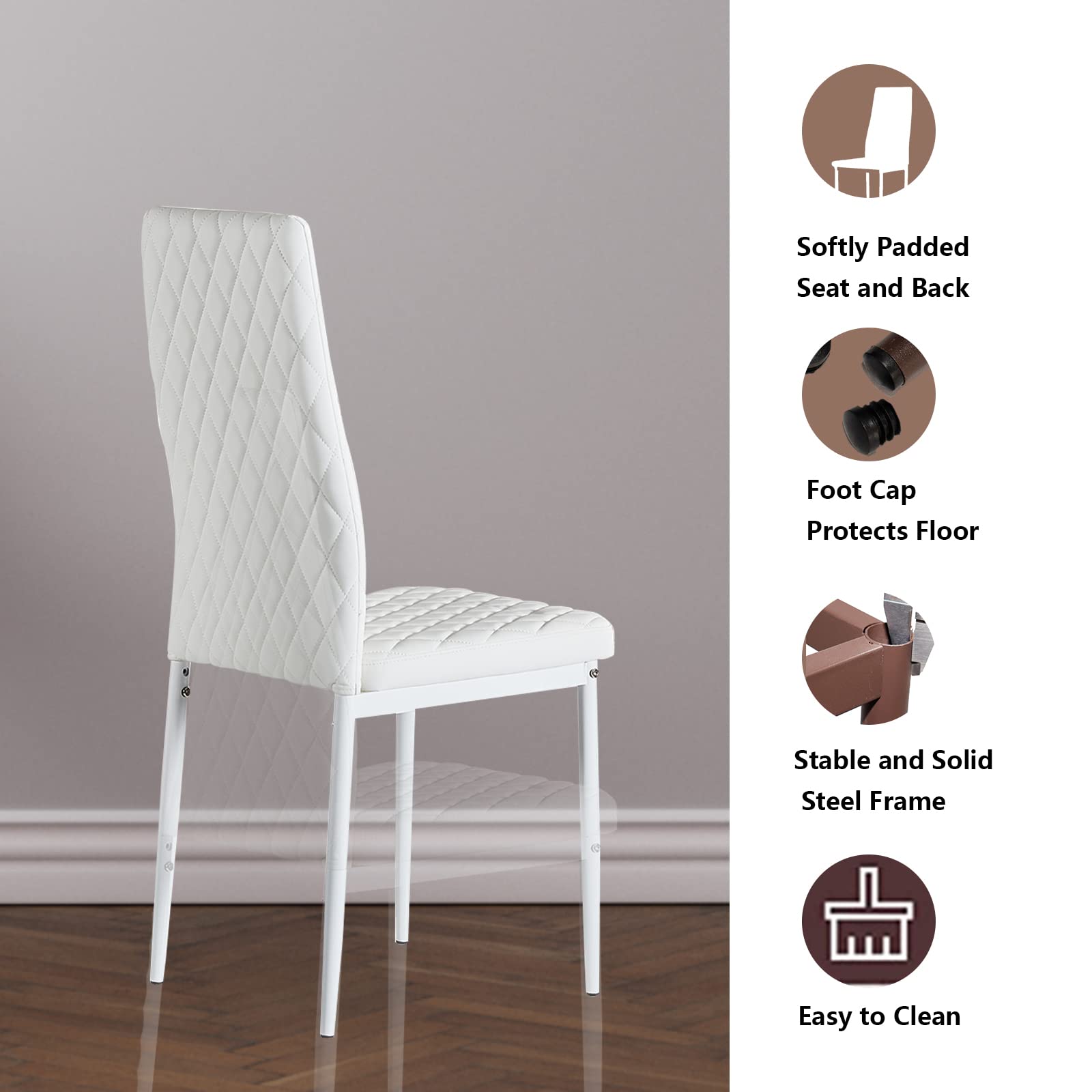 Modern PU Leather Dining Chairs Set of 4 - Armless Side Chairs with Metal Legs for Kitchen, Living Room & Dining Room - Comfortable White Seating for Home, Office & Restaurant Use