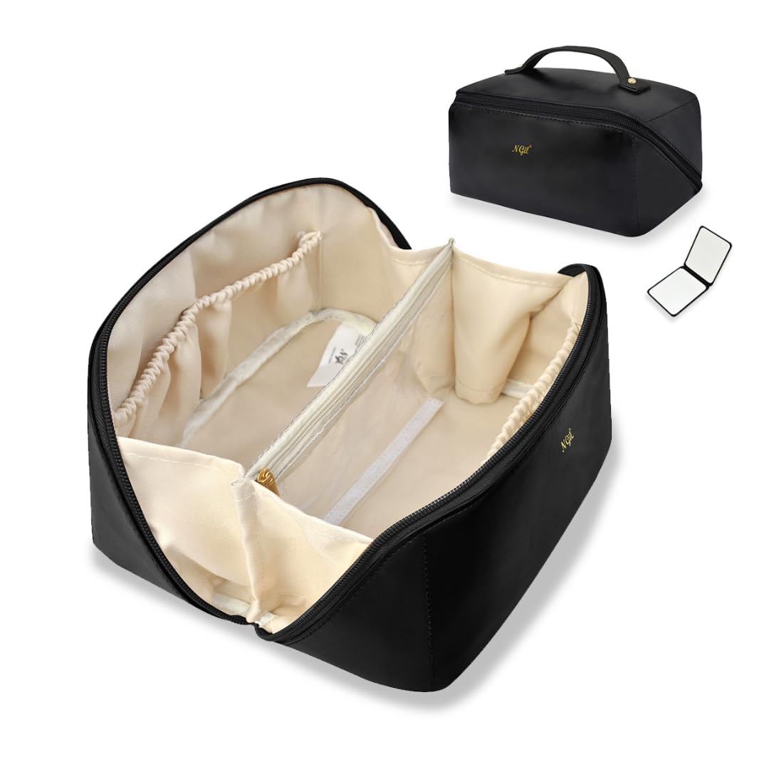 NGIL Travel Toiletry Bag for Women - Large Capacity Waterproof Makeup Organizer with Free Compact Mirror - Perfect for Travel, Gym, and Daily Cosmetics Storage (Black, Medium)