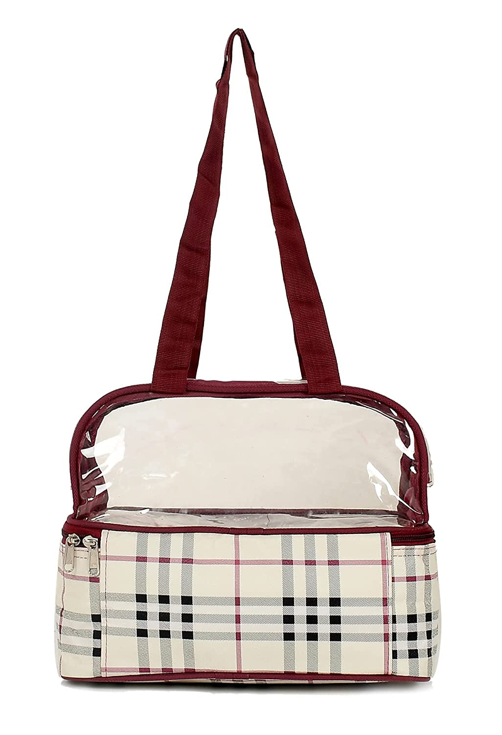 Kuber Industries Double Layer Travel Toiletry Bag & Makeup Organizer for Women - Waterproof Cosmetic Bag with Check Design, Pack of 2 (Maroon) - Perfect for Vacation, Gym, Business Trips & Daily Essentials Storage